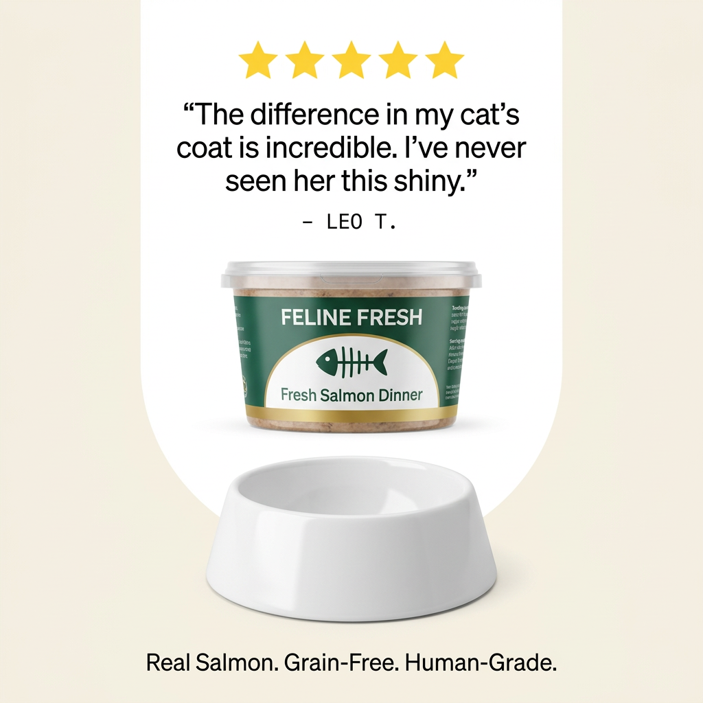 Feline Fresh salmon cat food tub floating above an empty white bowl under a five-star customer quote about a shiny coat