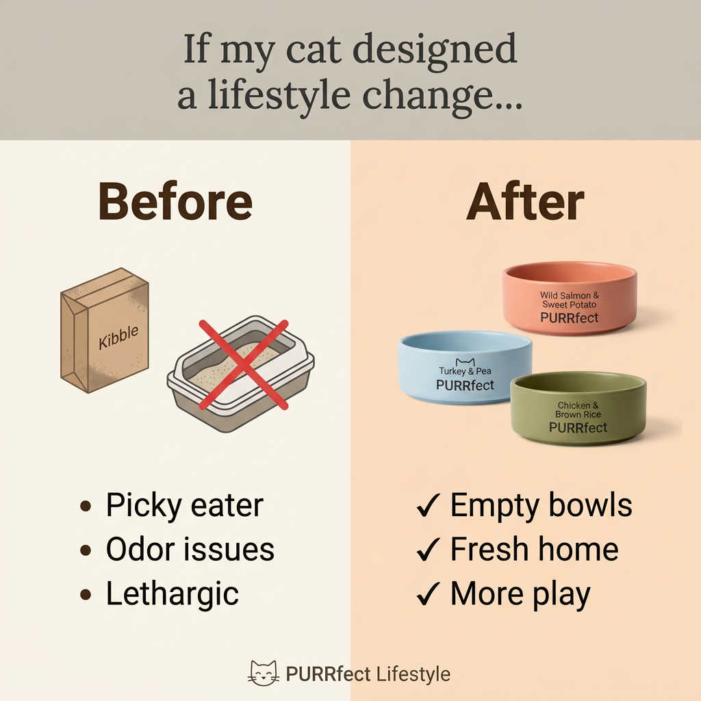 Split-screen before and after ad: kibble box and crossed-out litter tray versus three colourful PURRfect cat food bowls