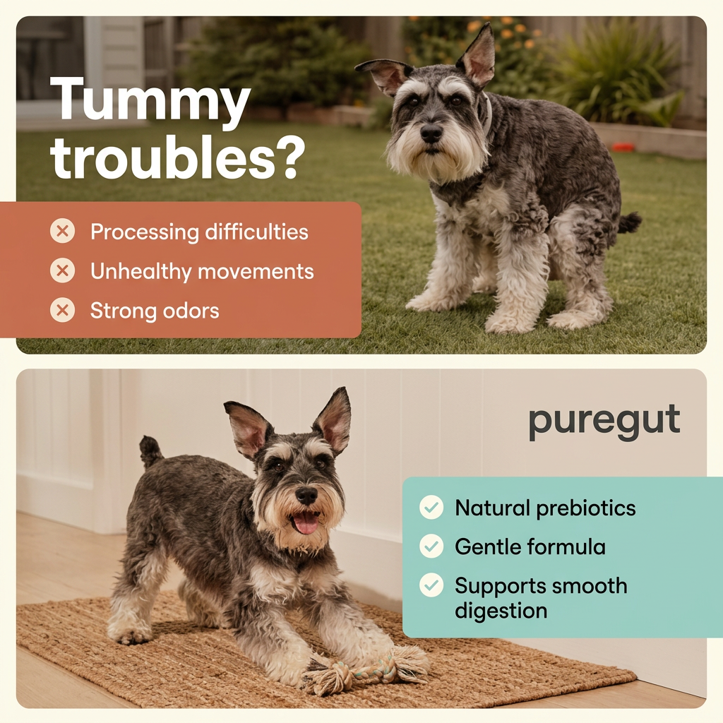 Two-panel ad: schnauzer squatting uncomfortably in a garden with a problem list, then the same dog playing with a rope toy