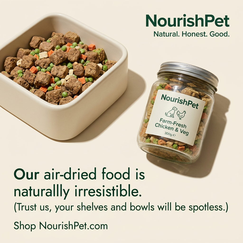 Bowl of air-dried chicken and vegetable dog food beside a tipped-over NourishPet glass jar on a cream background