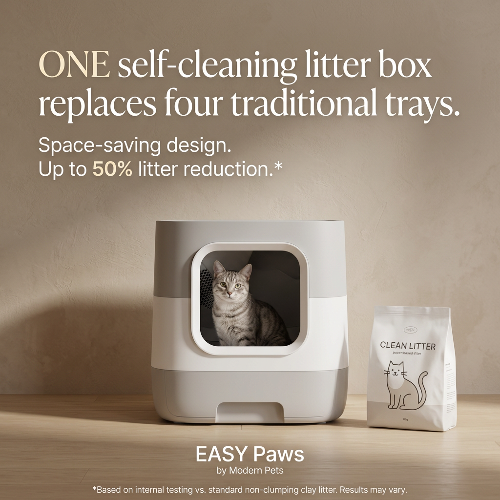 Cat sitting inside a grey and white EASY Paws self-cleaning litter box next to a bag of paper-based clean litter