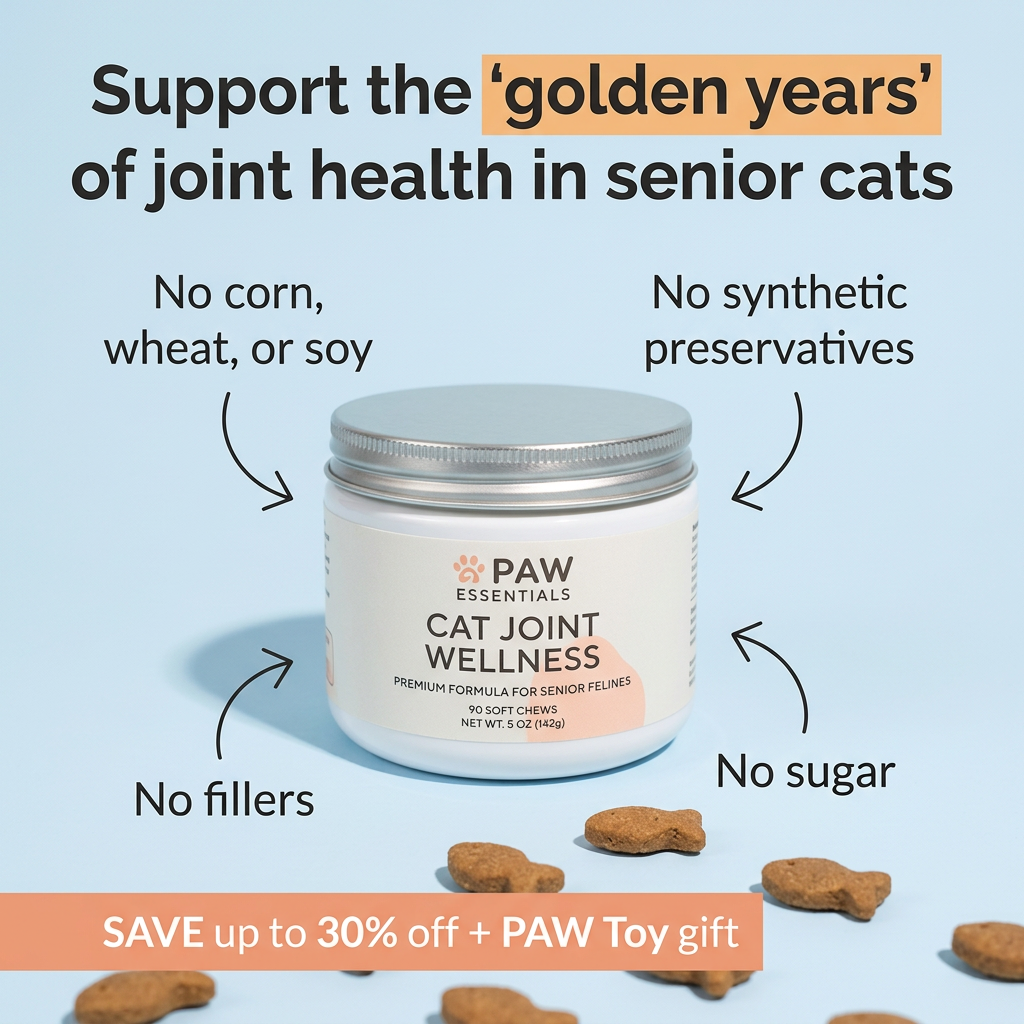 PAW Essentials Cat Joint Wellness jar on a pale blue background with four 'no' callouts and fish-shaped soft chews