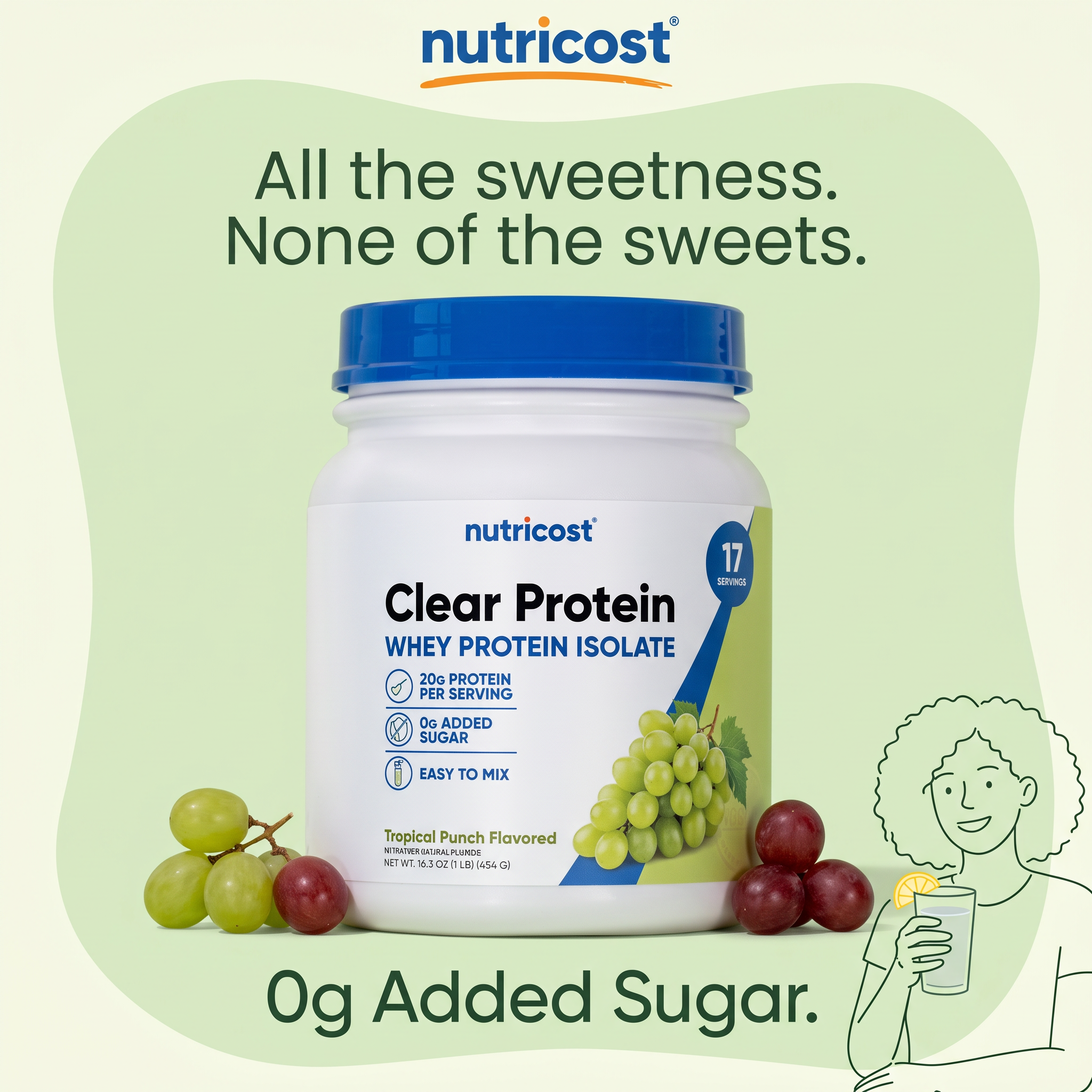 Nutricost Clear Protein tub with grapes on light green, wordplay headline and a line drawing of a woman with a drink