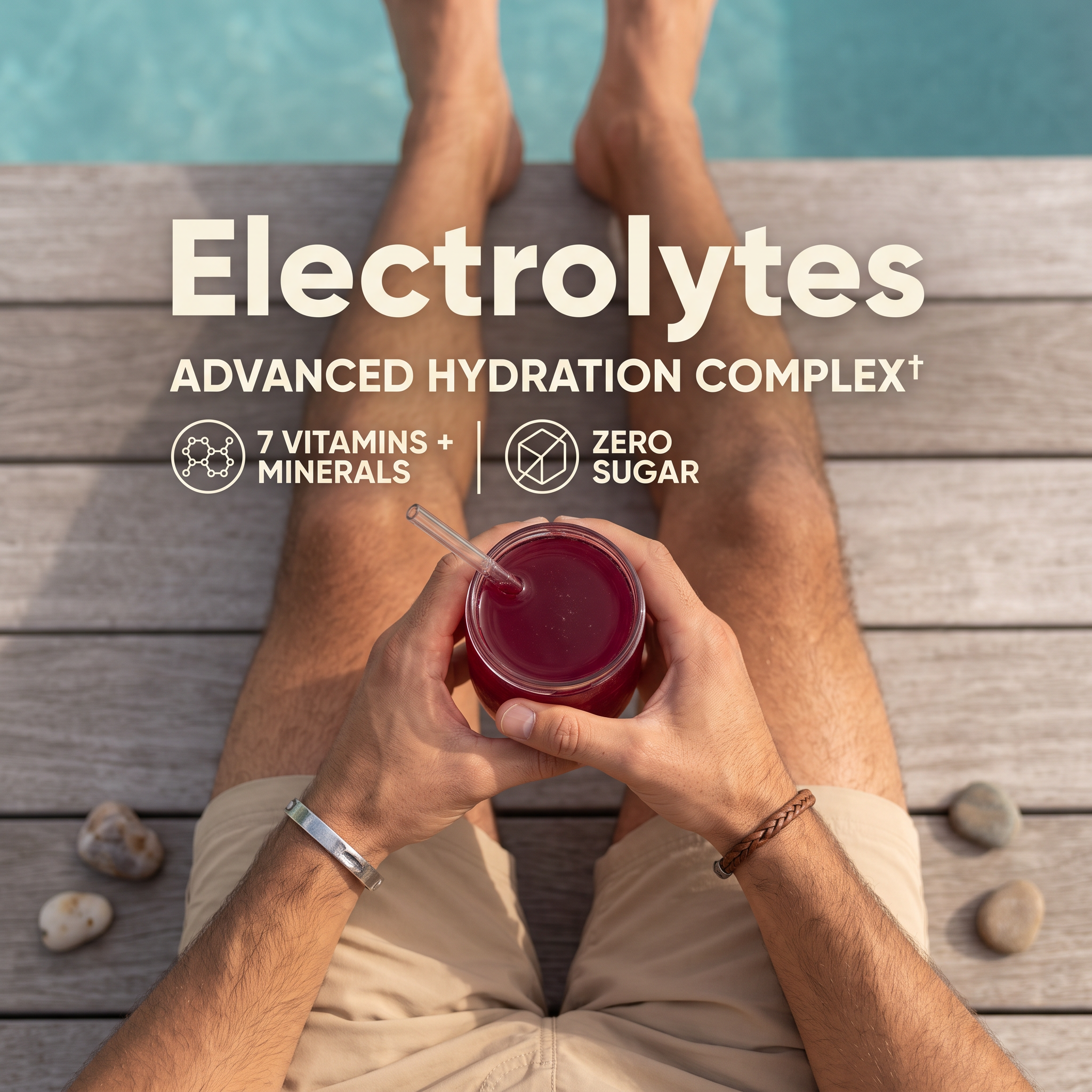 Top-down view of a man on a wooden poolside deck holding a red electrolyte drink with Electrolytes headline and icon badges