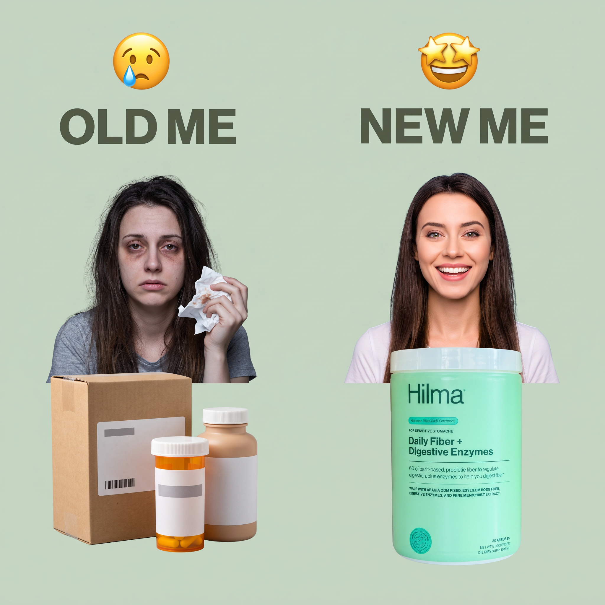 Split ad: sad woman with tissue and pill bottles labelled Old Me, smiling woman with green Hilma fiber tub labelled New Me