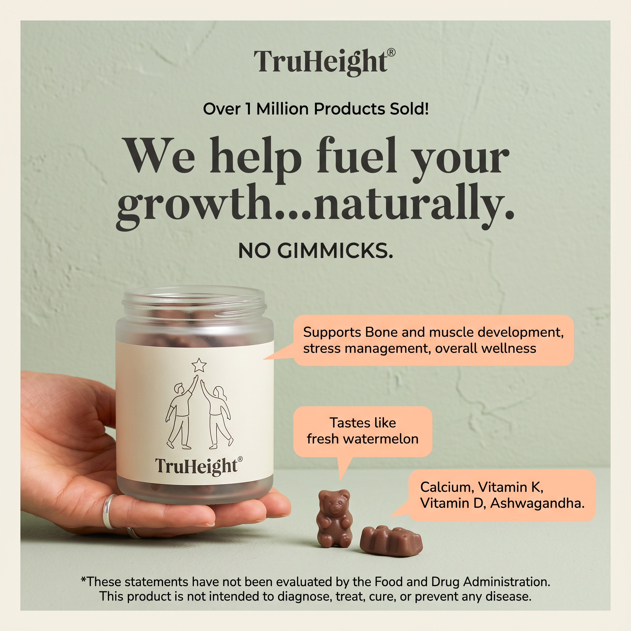 Hand holding a TruHeight gummy jar on sage green with headline about growth and three peach speech-bubble callouts