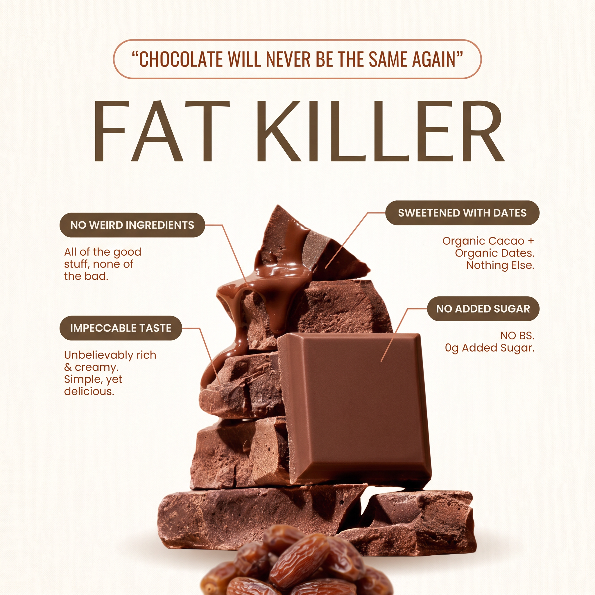 Stack of chocolate chunks with melting chocolate and dates, Fat Killer headline and four feature callouts on cream