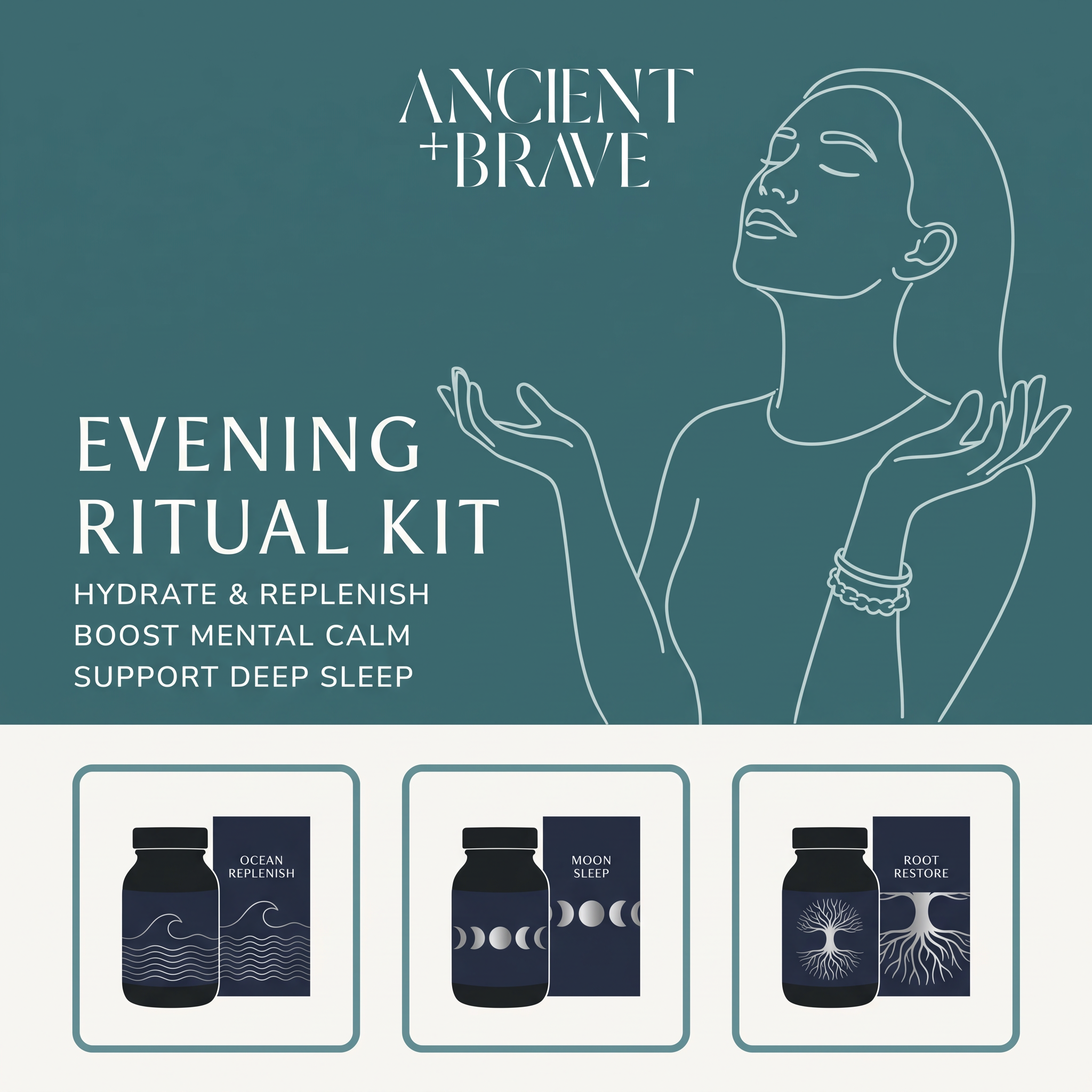 Teal ad with line drawing of a relaxed woman, Evening Ritual Kit text and three dark supplement jars with boxes