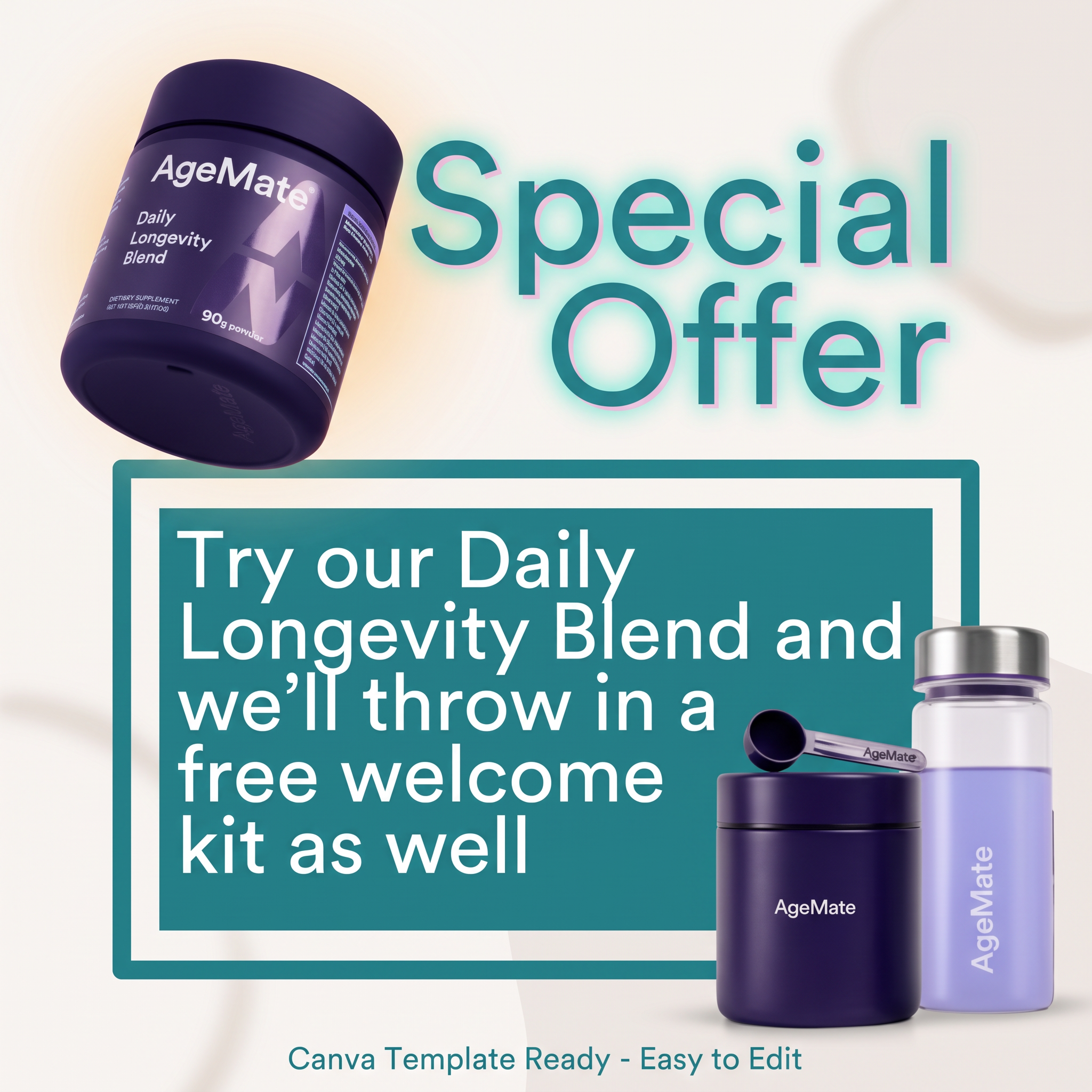 Purple AgeMate longevity supplement tub with a 'Special Offer' headline, teal text box and free canister, scoop and bottle