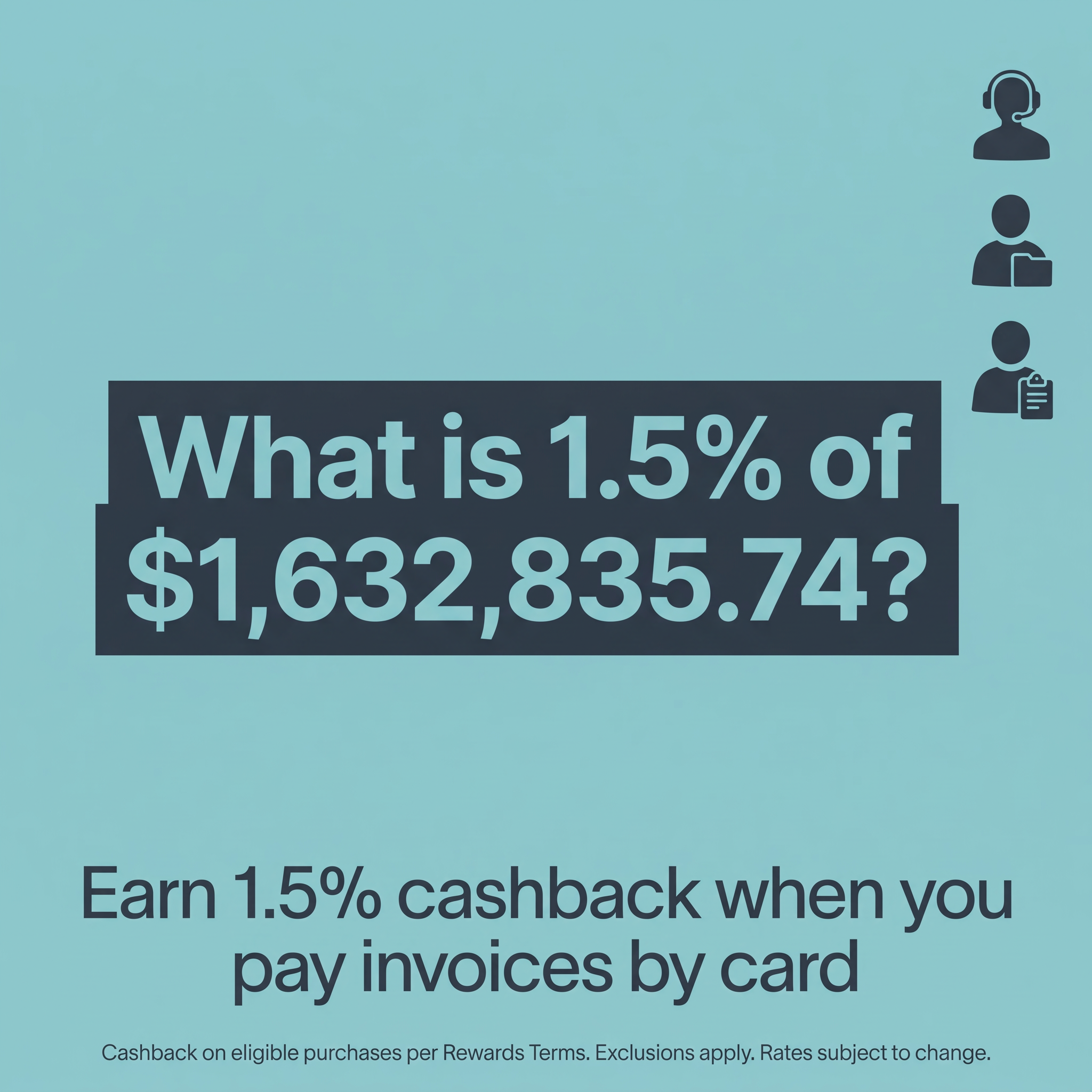 Teal ad with a dark text block asking what 1.5% of $1,632,835.74 is, finance team icons and a cashback offer line