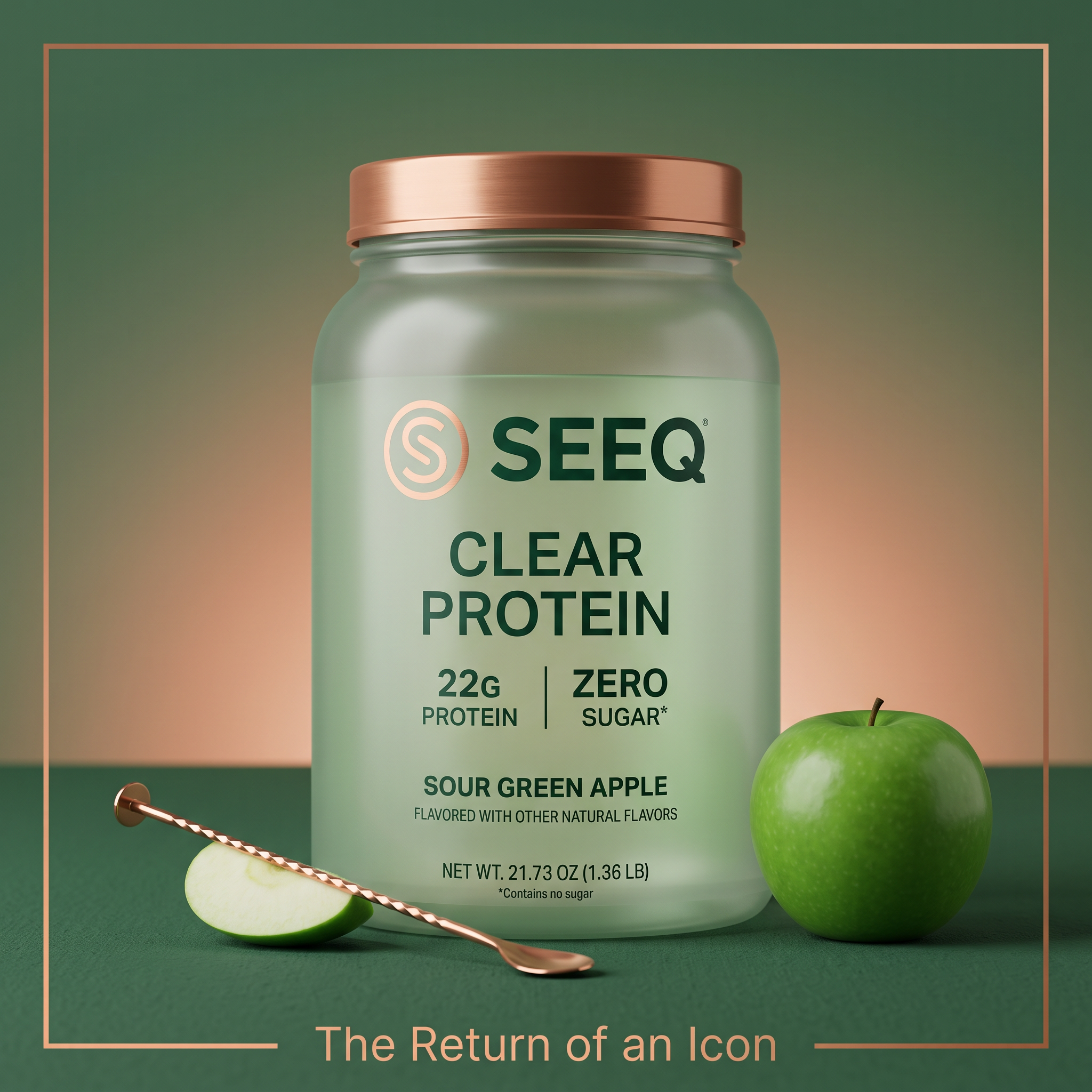 Frosted SEEQ Clear Protein tub in Sour Green Apple with copper lid, green apples and a copper spoon on a green backdrop
