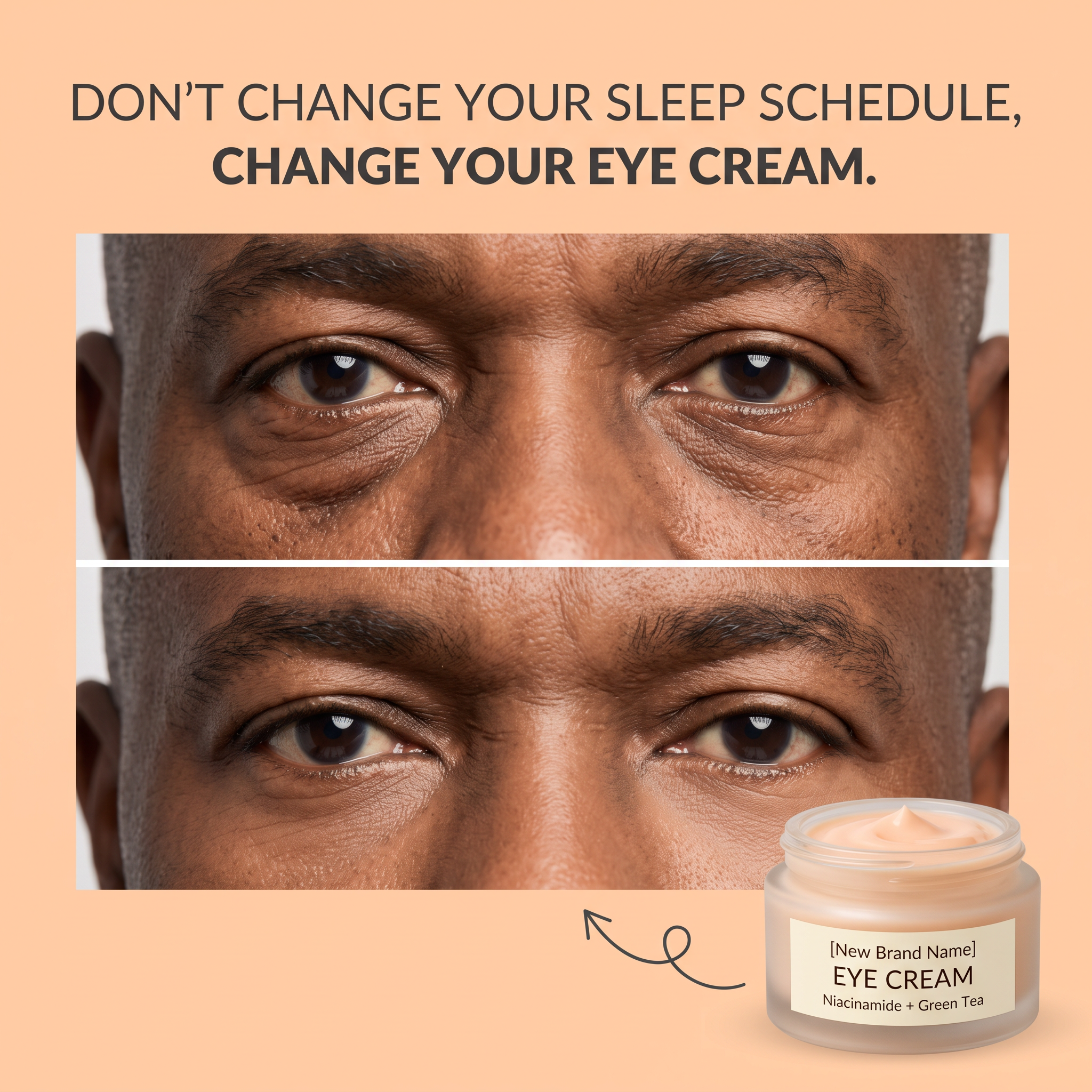 Before and after close-up of a man's under-eyes with an eye cream jar and arrow on a peach background