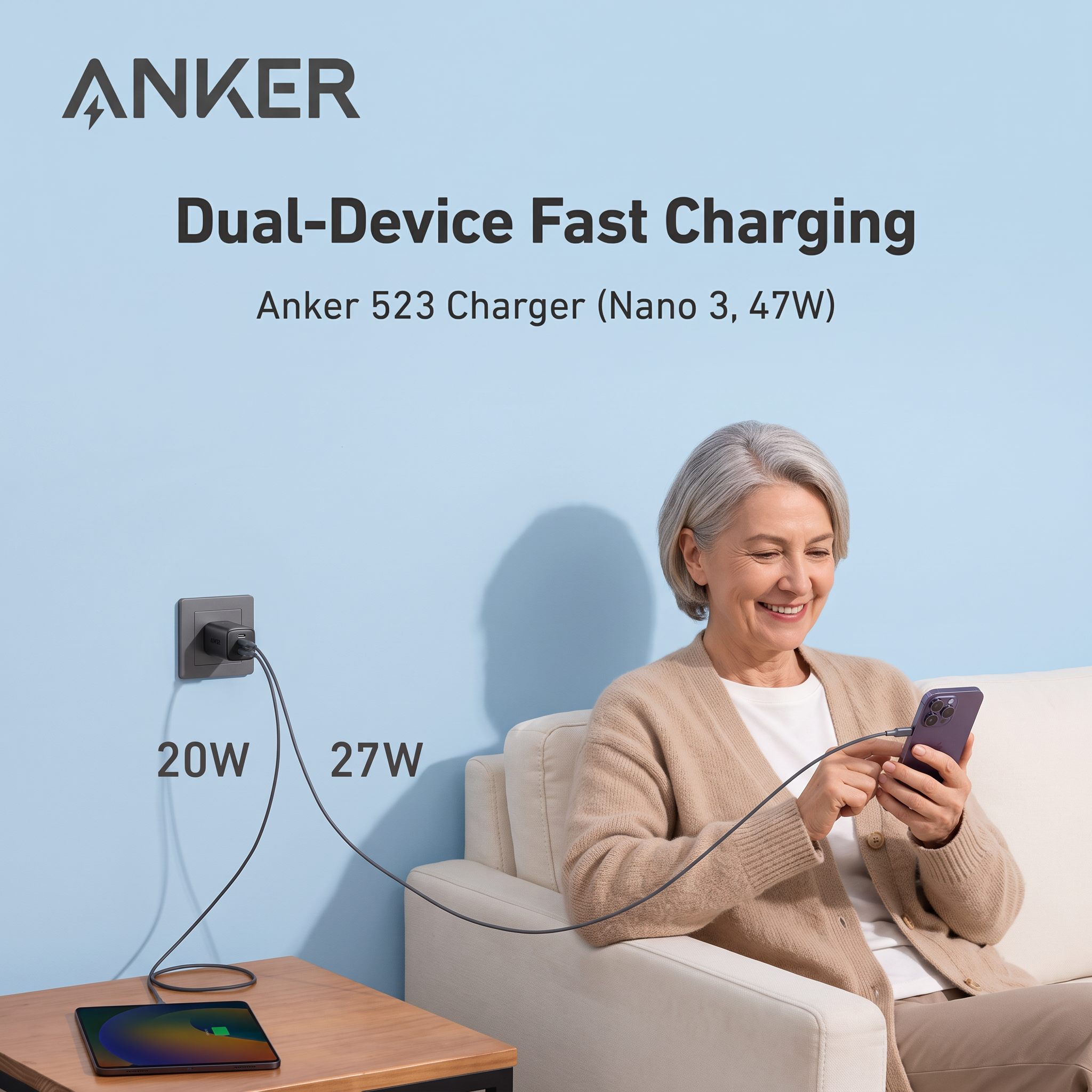 Smiling older woman on a sofa using her phone while an Anker charger in the wall charges it at 27W and a tablet at 20W