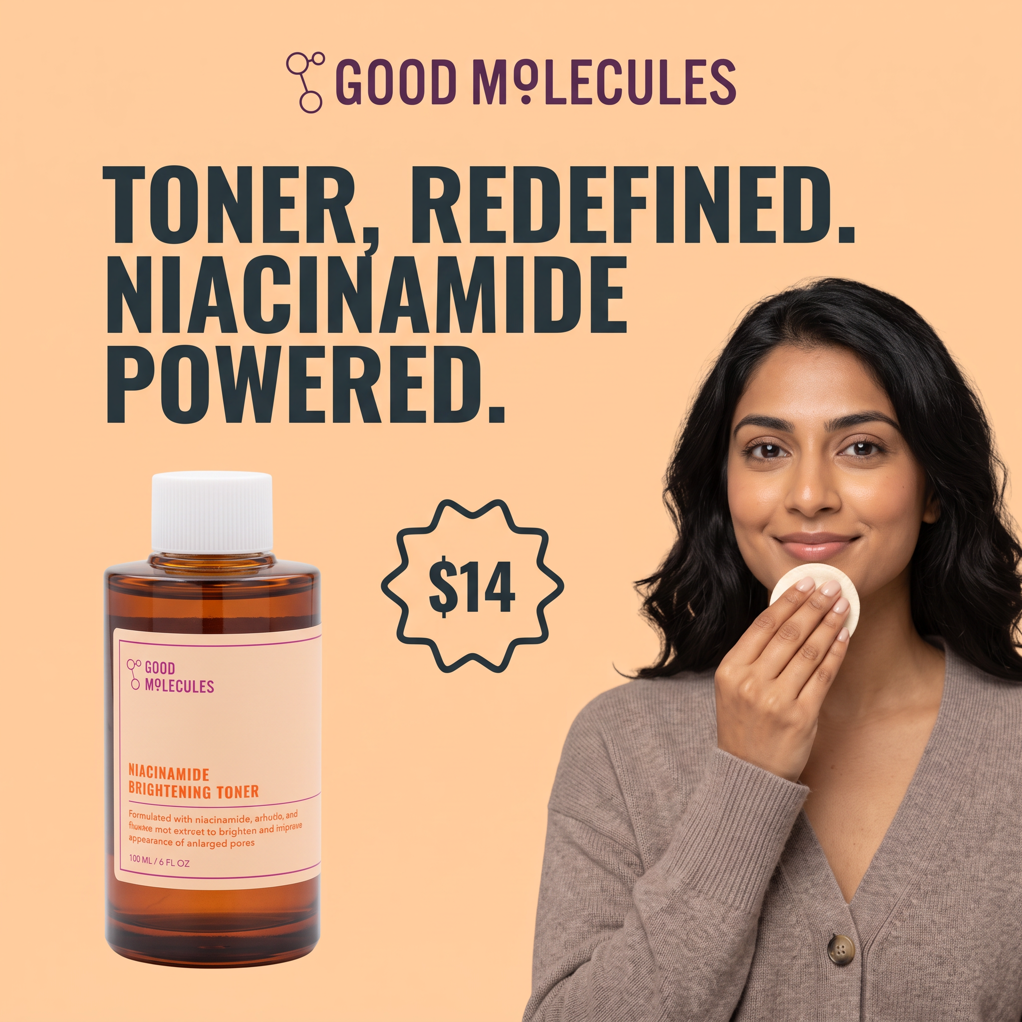 Good Molecules niacinamide toner bottle, a $14 badge and a woman applying toner with a cotton pad on peach