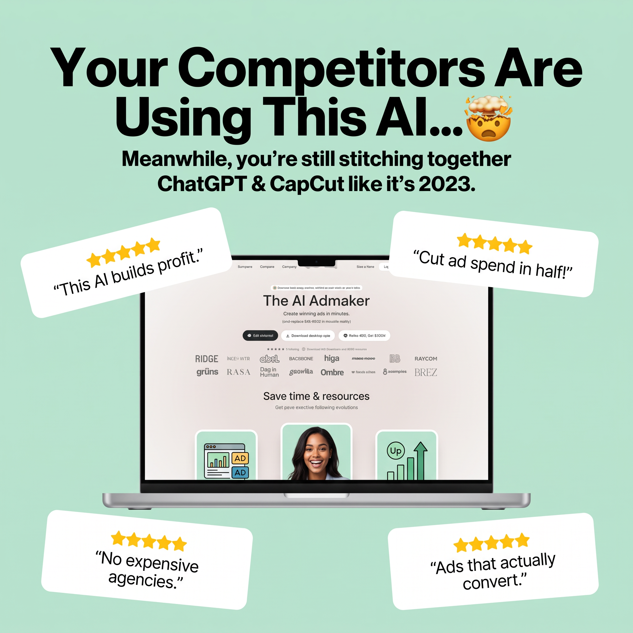 Laptop showing an AI ad maker site, ringed by four five-star review cards under 'Your Competitors Are Using This AI'