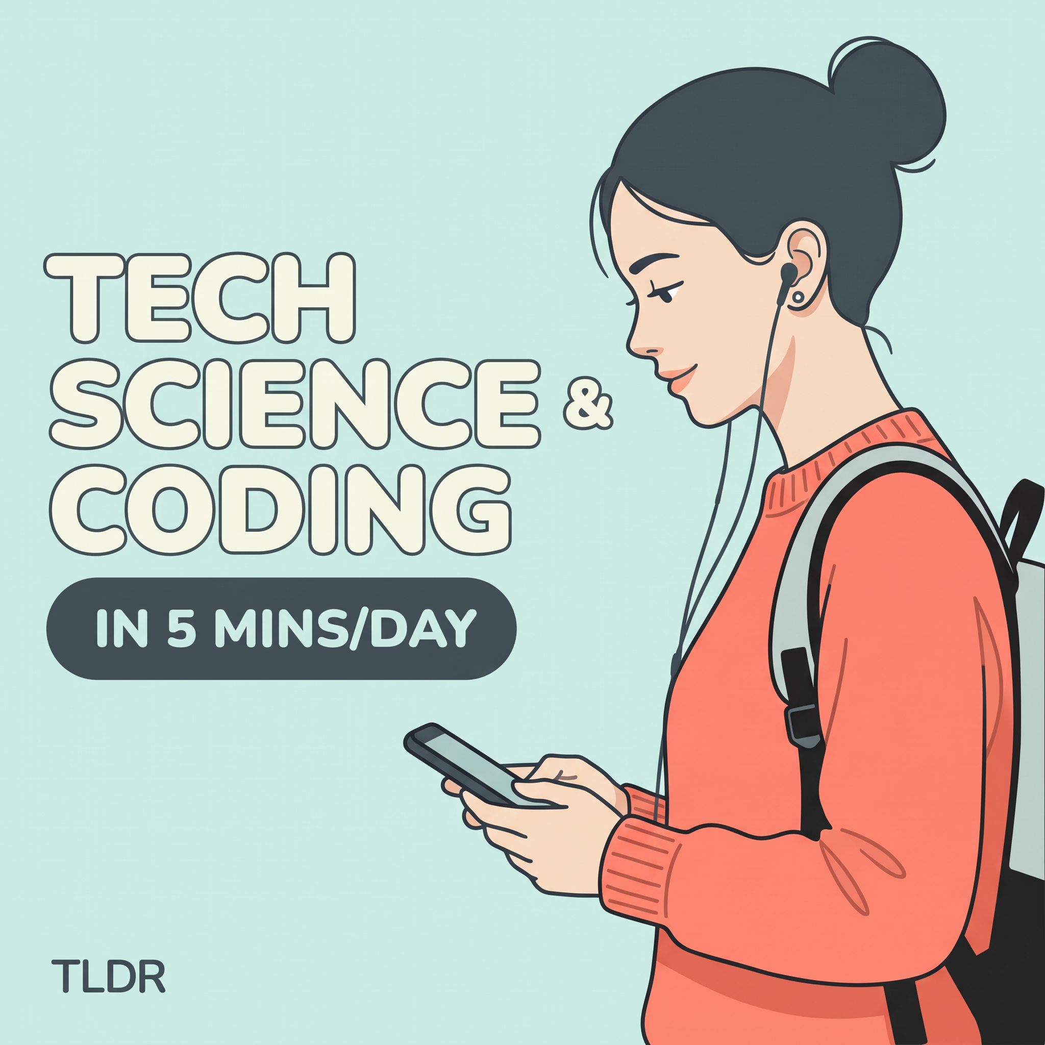 Illustrated woman with earphones and backpack reading her phone beside 'Tech, Science & Coding in 5 mins/day'