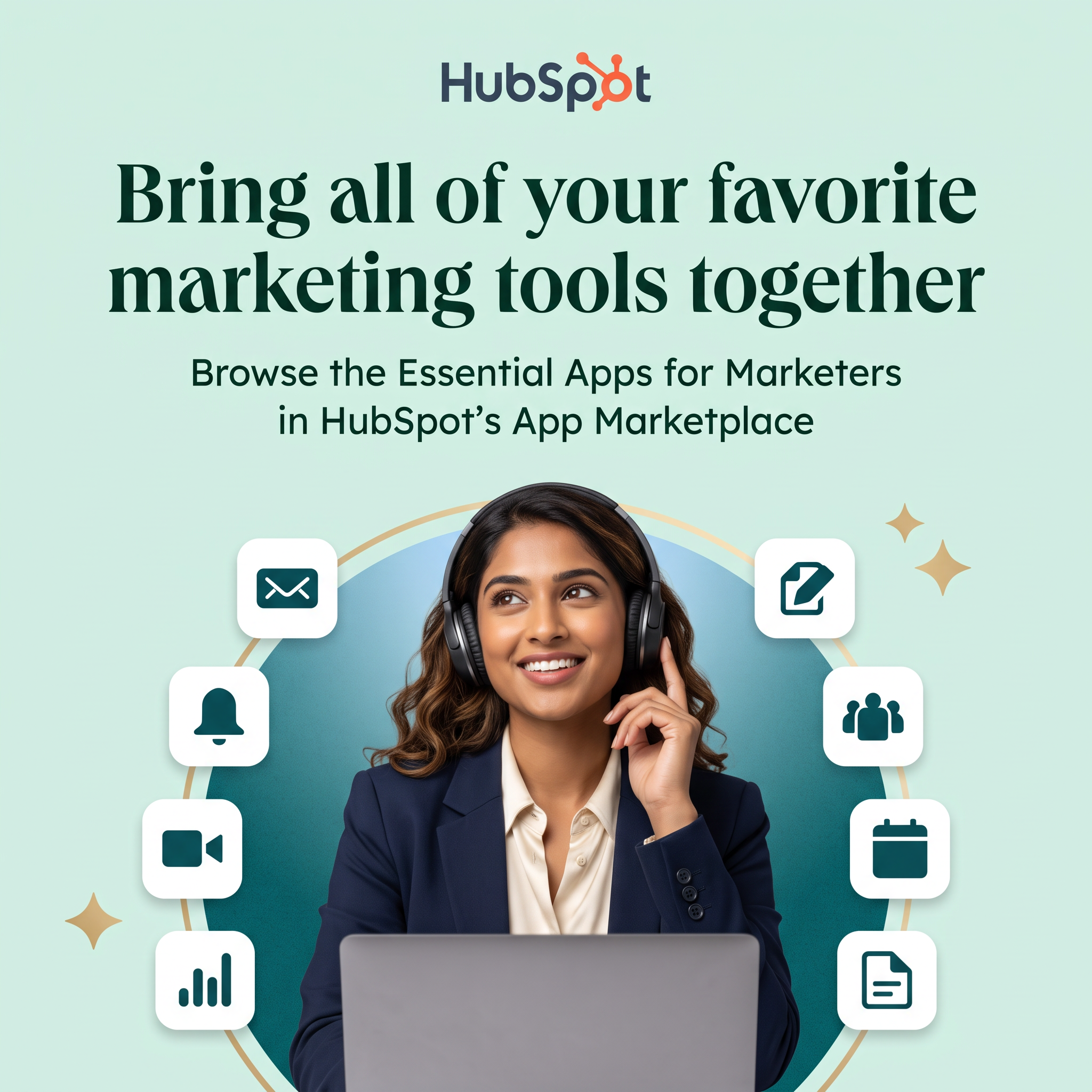 Smiling marketer with headphones and laptop, circled by app icons for email, video, calendar and analytics