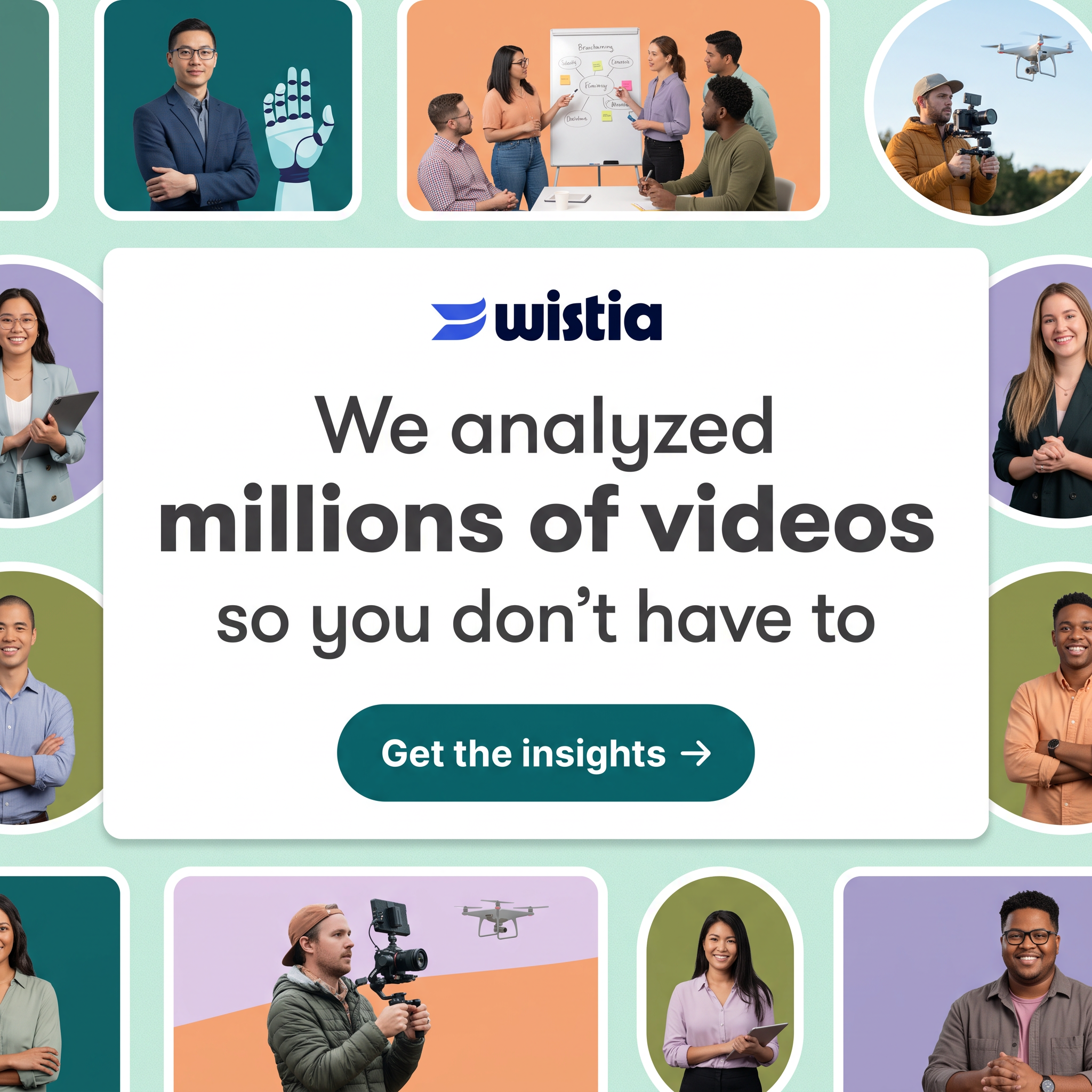 Wistia ad with a headline card reading 'We analyzed millions of videos' framed by photos of creators and marketers