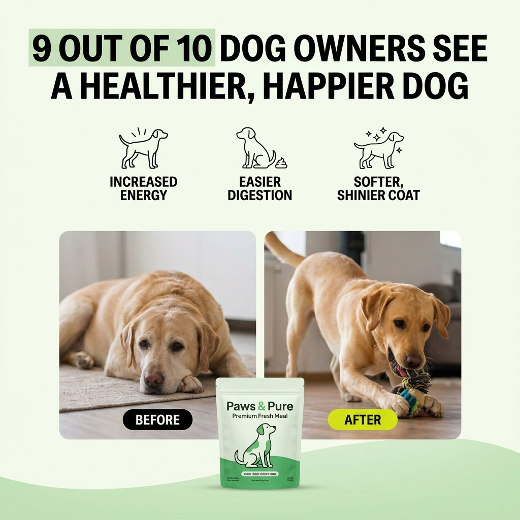Before and after photos of a tired Labrador and the same dog playing with a rope toy, with a Paws & Pure fresh meal pouch
