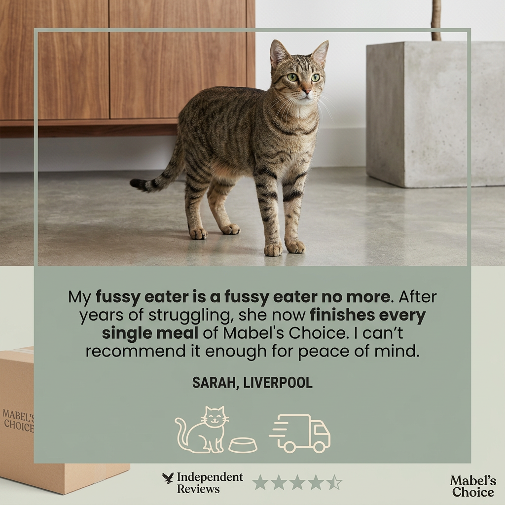 Tabby cat standing in a modern room above a sage-green box with a customer review about a fussy eater and delivery icons