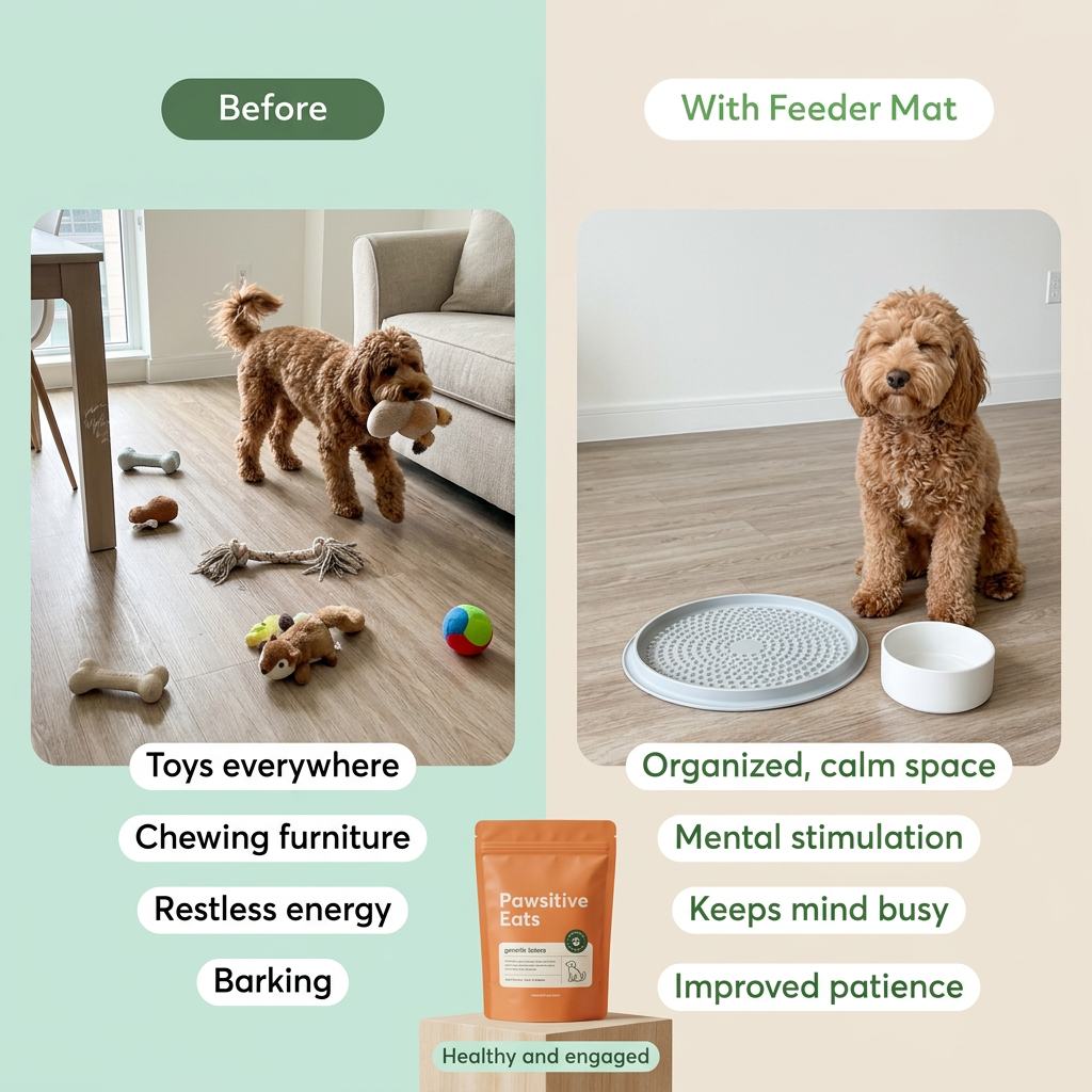 Split screen of a doodle among scattered toys and the same dog sitting calmly beside a lick feeder mat and bowl