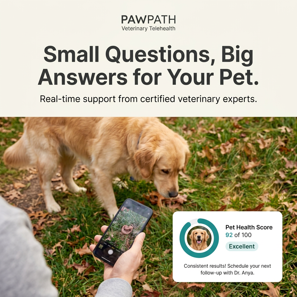 Owner photographing dog stool on a phone in a leafy park as a golden retriever sniffs nearby, with a health score card