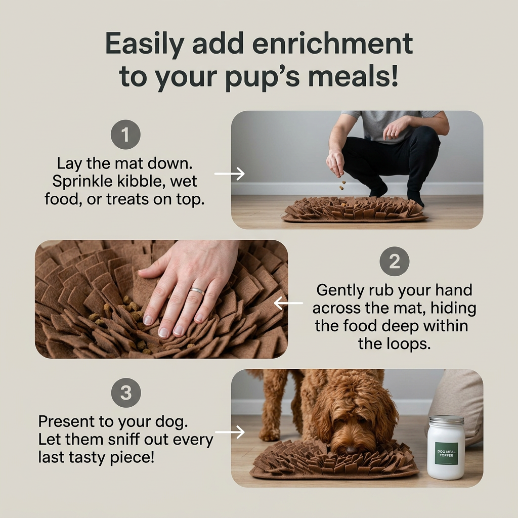 Three numbered photos: food sprinkled on a brown snuffle mat, a hand hiding it in the loops and a doodle sniffing it out
