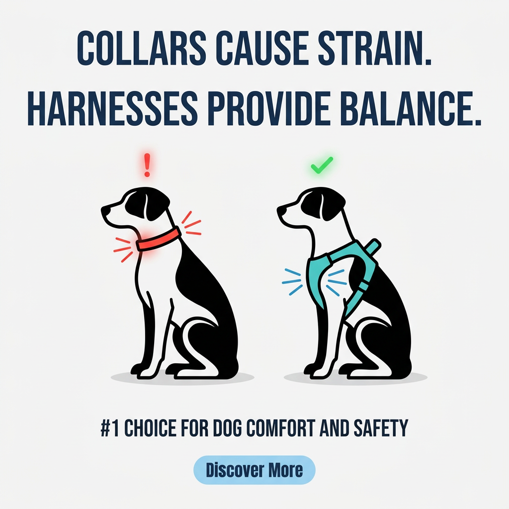 Two illustrated dogs: one with a red collar and strain lines at the neck, one in a teal harness with a green tick