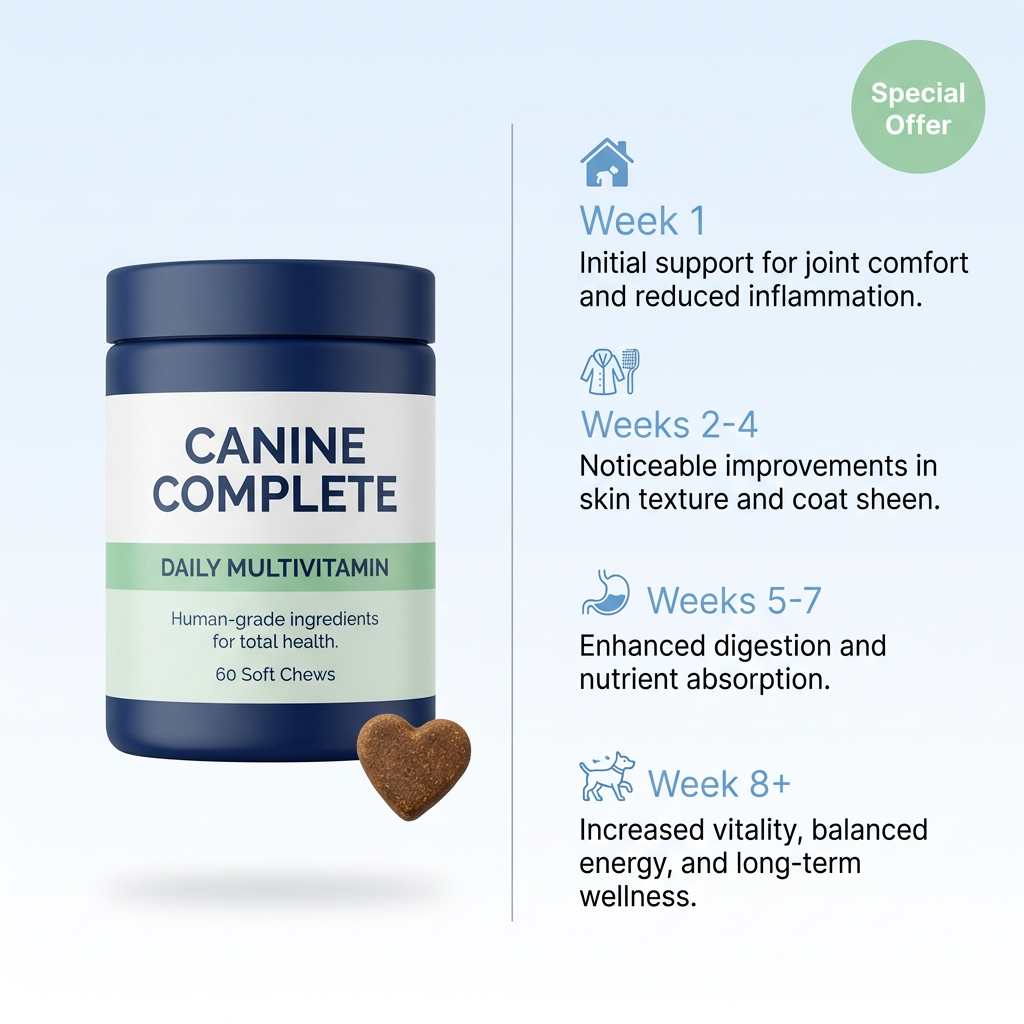 Canine Complete multivitamin jar with a heart-shaped chew beside a week-by-week results timeline on a pale blue background
