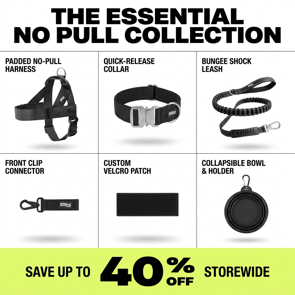Grid of six black DOGCO dog products – harness, collar, bungee leash, clip, patch and bowl – above a neon 40% off banner