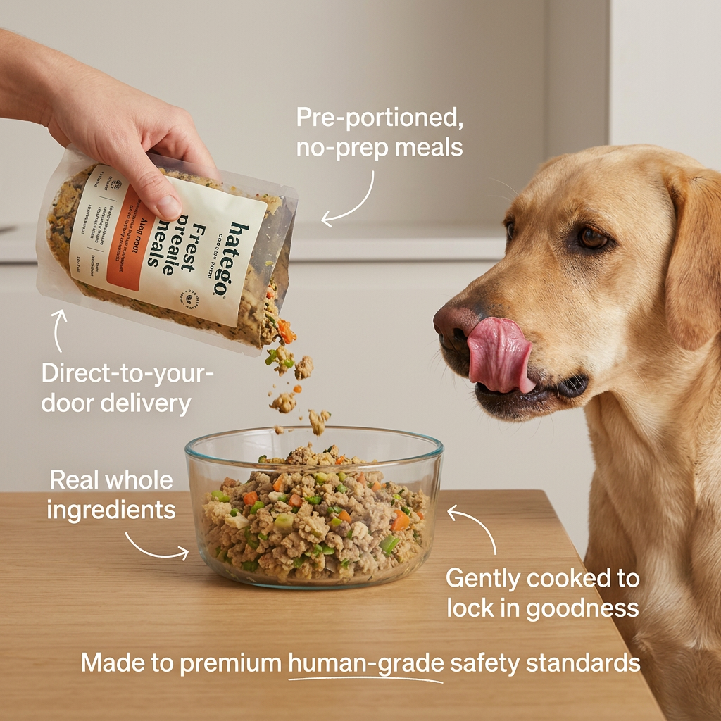 Hand pouring fresh dog food from a pouch into a glass bowl as a Labrador licks its lips, with five arrows labelling benefits