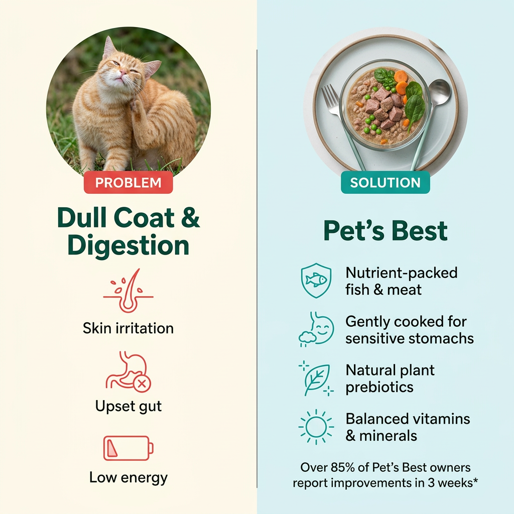 Split ad: ginger cat scratching with problem icons on the left, a bowl of Pet's Best food with benefit icons on the right