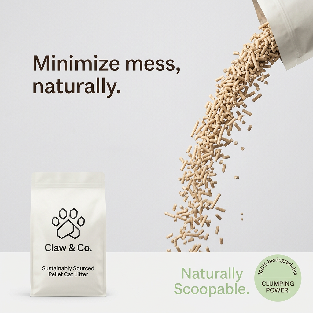 Natural wood cat litter pellets pouring from a white bag beside a Claw & Co. litter pack and a 100% biodegradable badge
