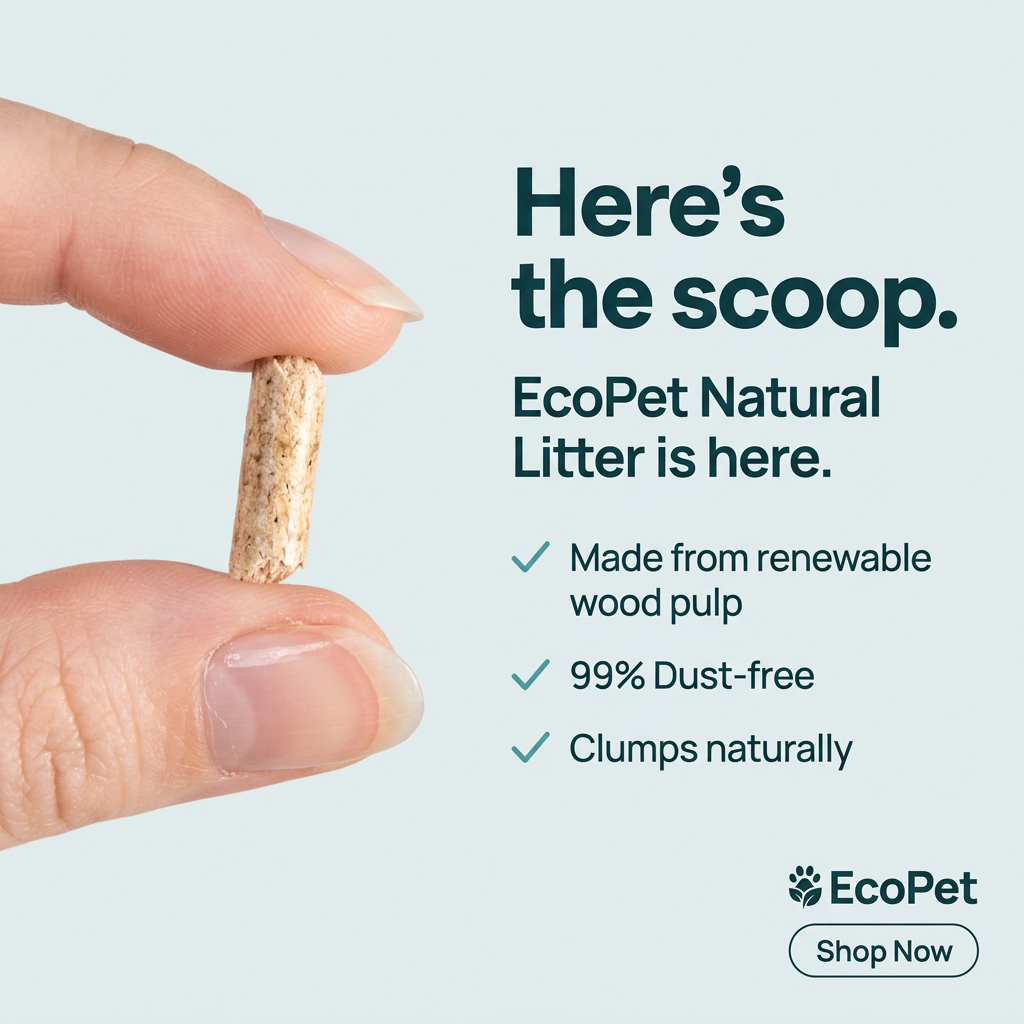 Fingers holding a single natural wood litter pellet beside the headline 'Here's the scoop' and three ticked EcoPet benefits