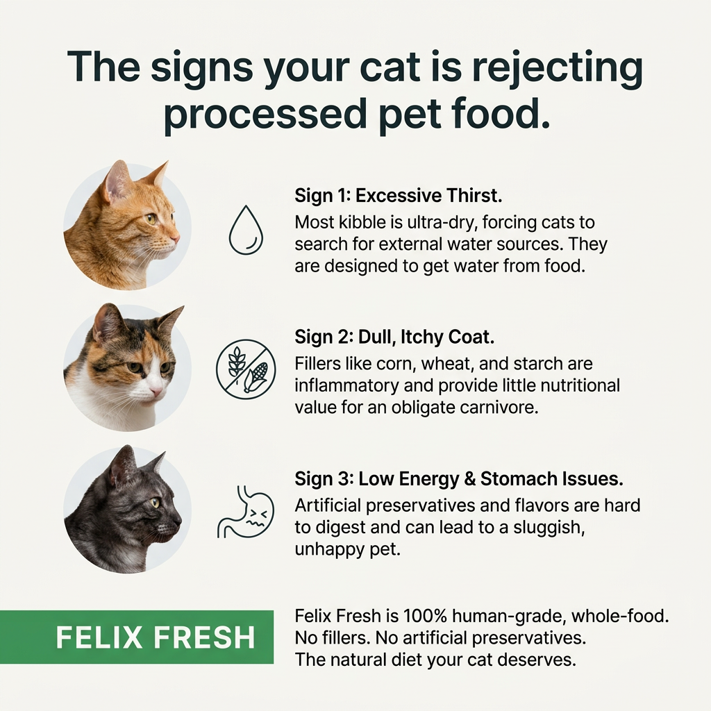 Three cat portraits beside numbered signs of thirst, dull coat and low energy, ending with a Felix Fresh brand panel