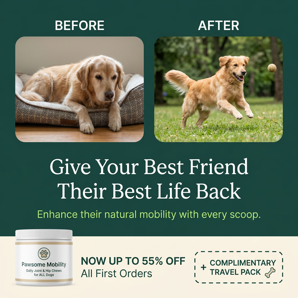 Before: a tired golden retriever on a dog bed. After: it leaps for a ball. Joint chews jar and 55% off offer below