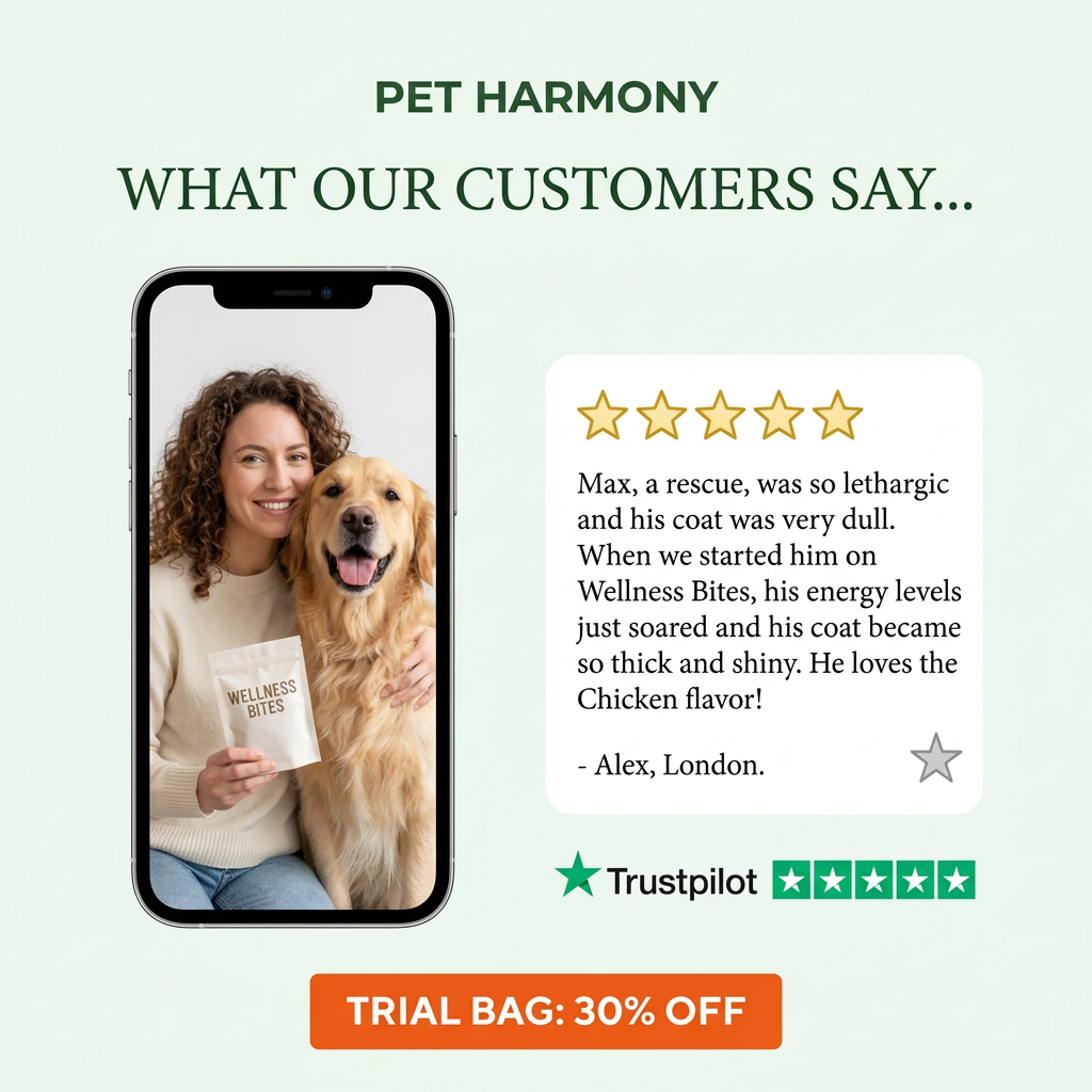 Phone showing a smiling woman hugging a golden retriever and holding Wellness Bites, next to a five-star review and offer