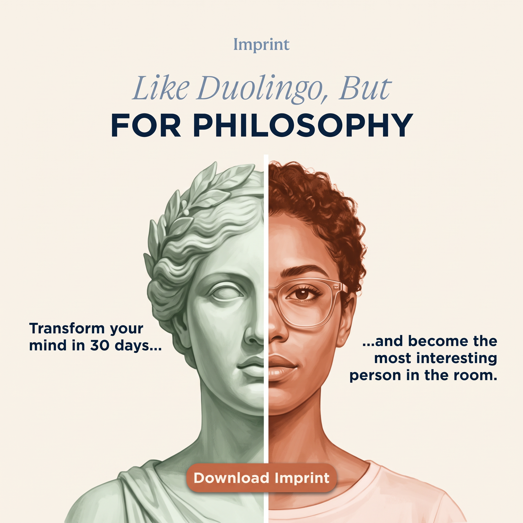 Illustrated face split down the middle, half Greek marble statue and half modern woman with glasses, with Imprint headline
