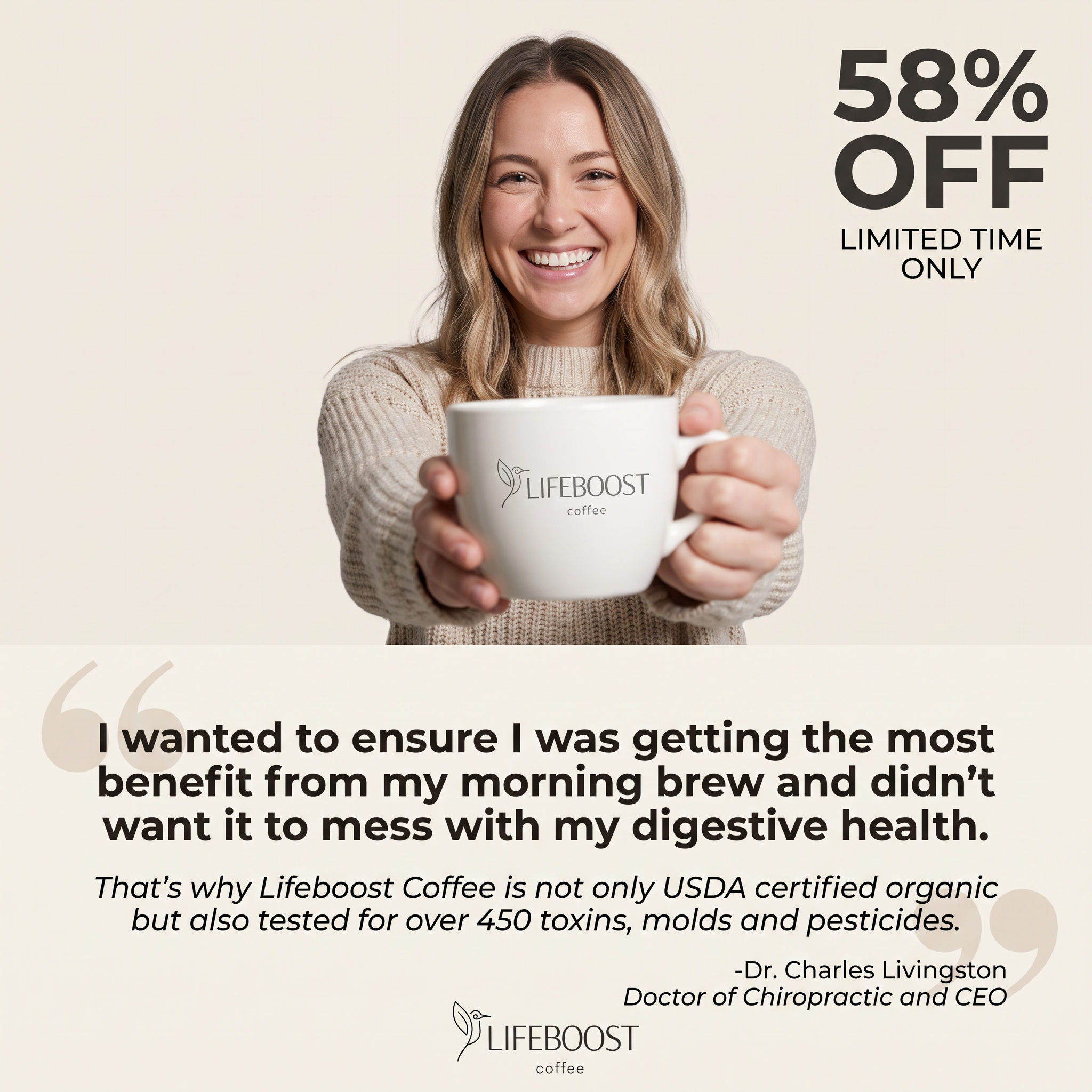 Smiling woman holding out a white Lifeboost coffee mug above a quote about digestive health and a 58% off badge