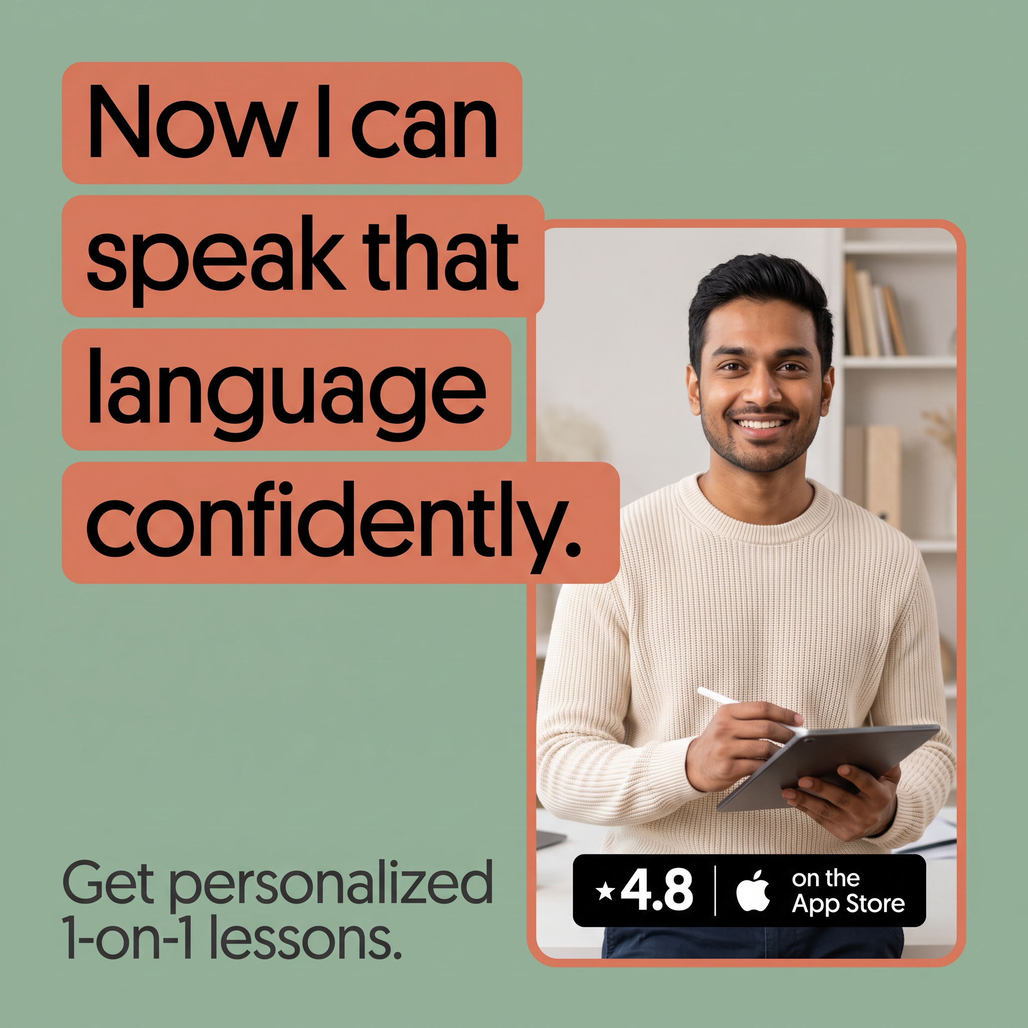 Smiling man in a cream sweater holding a tablet beside coral text boxes reading Now I can speak that language confidently