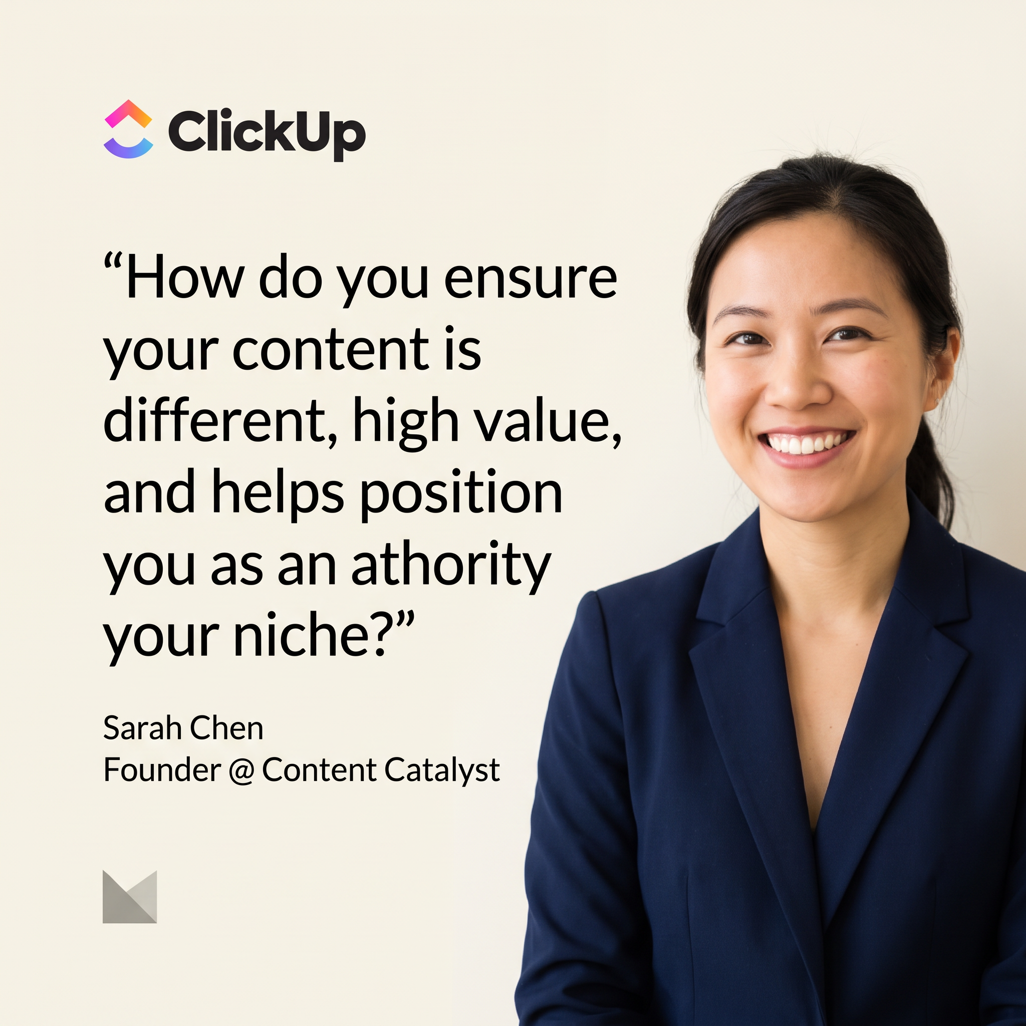 ClickUp square ad with a large quote from founder Sarah Chen beside her smiling portrait on a cream background