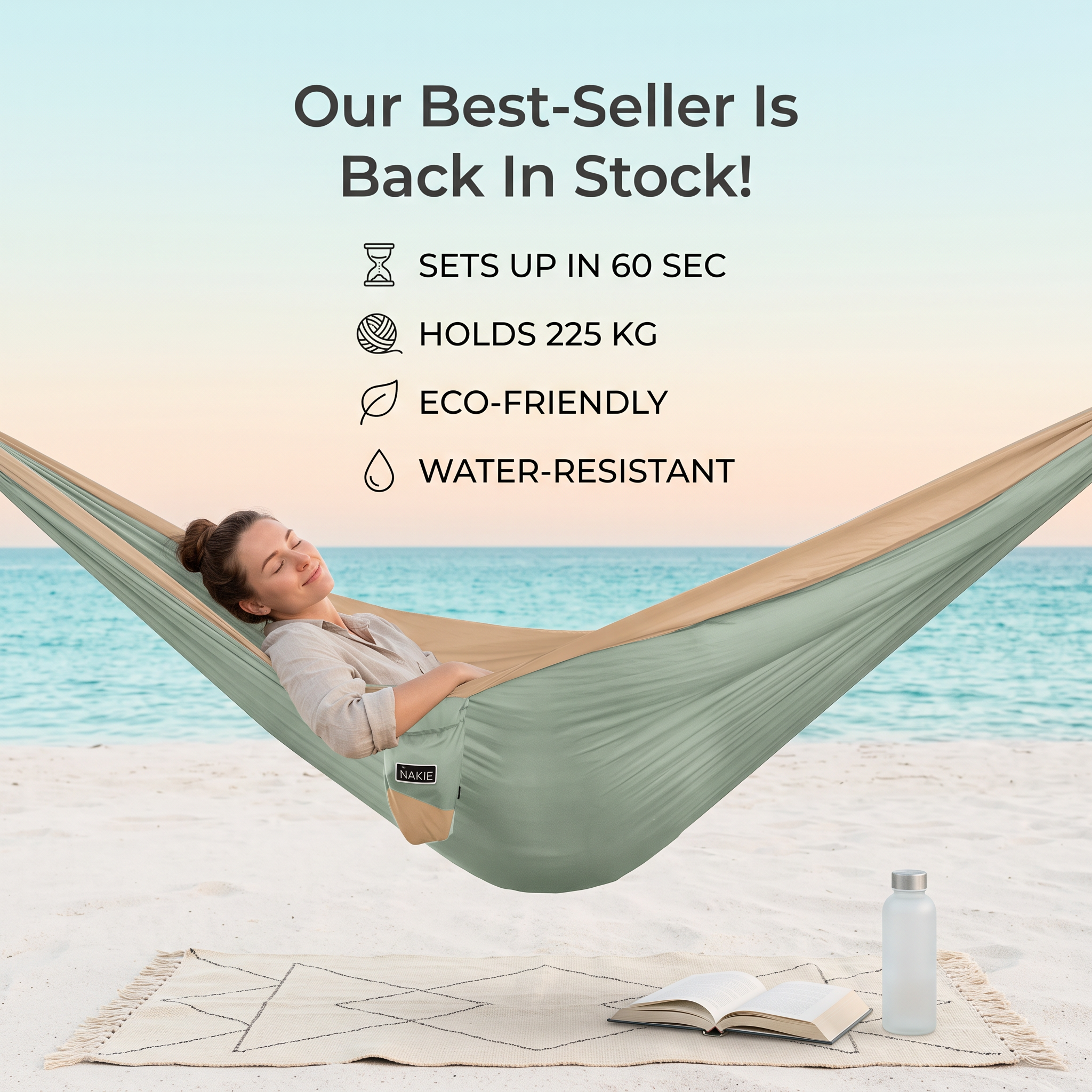 Woman relaxing in a sage green hammock on a beach at sunset, with back in stock headline and four feature icons