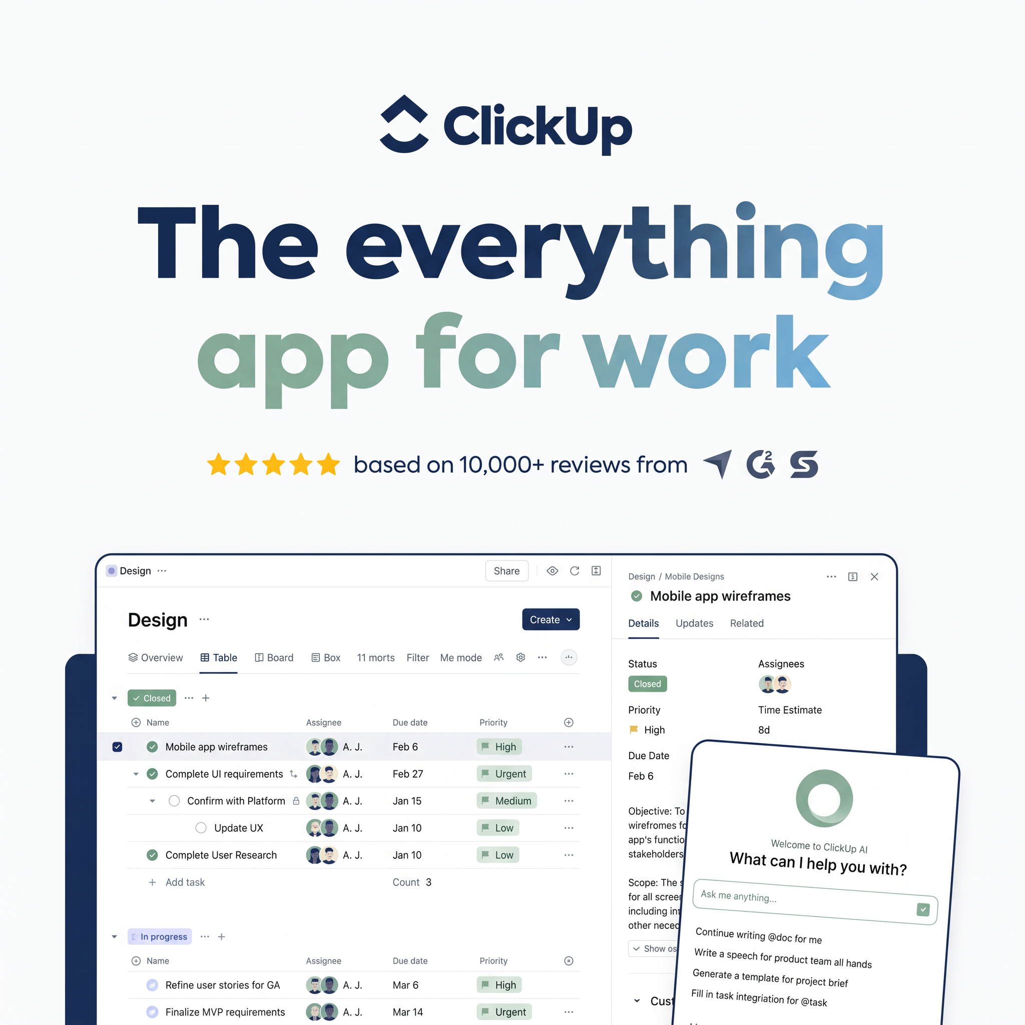 ClickUp ad with gradient headline, five-star review row and a task table screenshot with an AI assistant panel