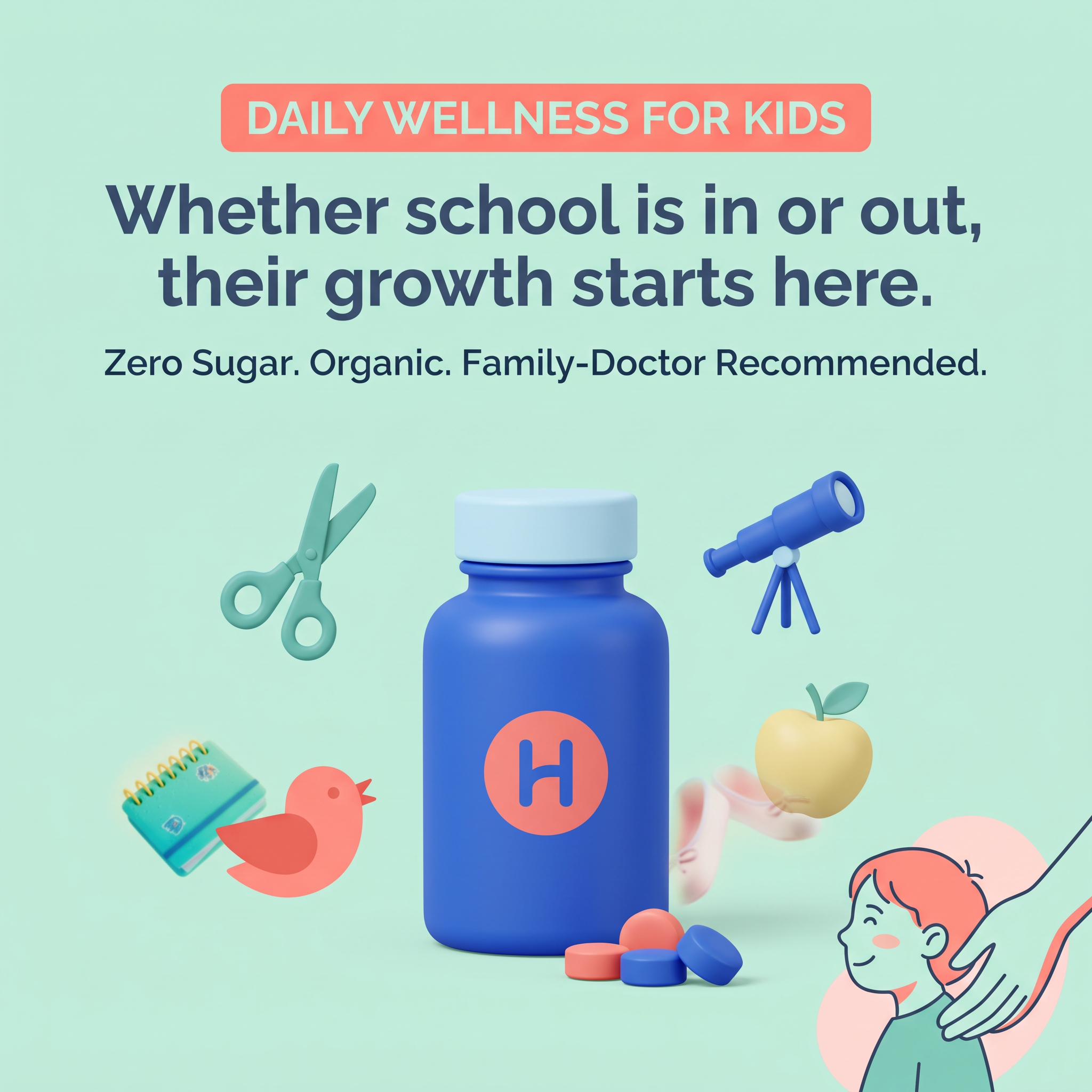 Blue 3D vitamin bottle with chewable tablets, surrounded by scissors, telescope, apple and bird on a mint background