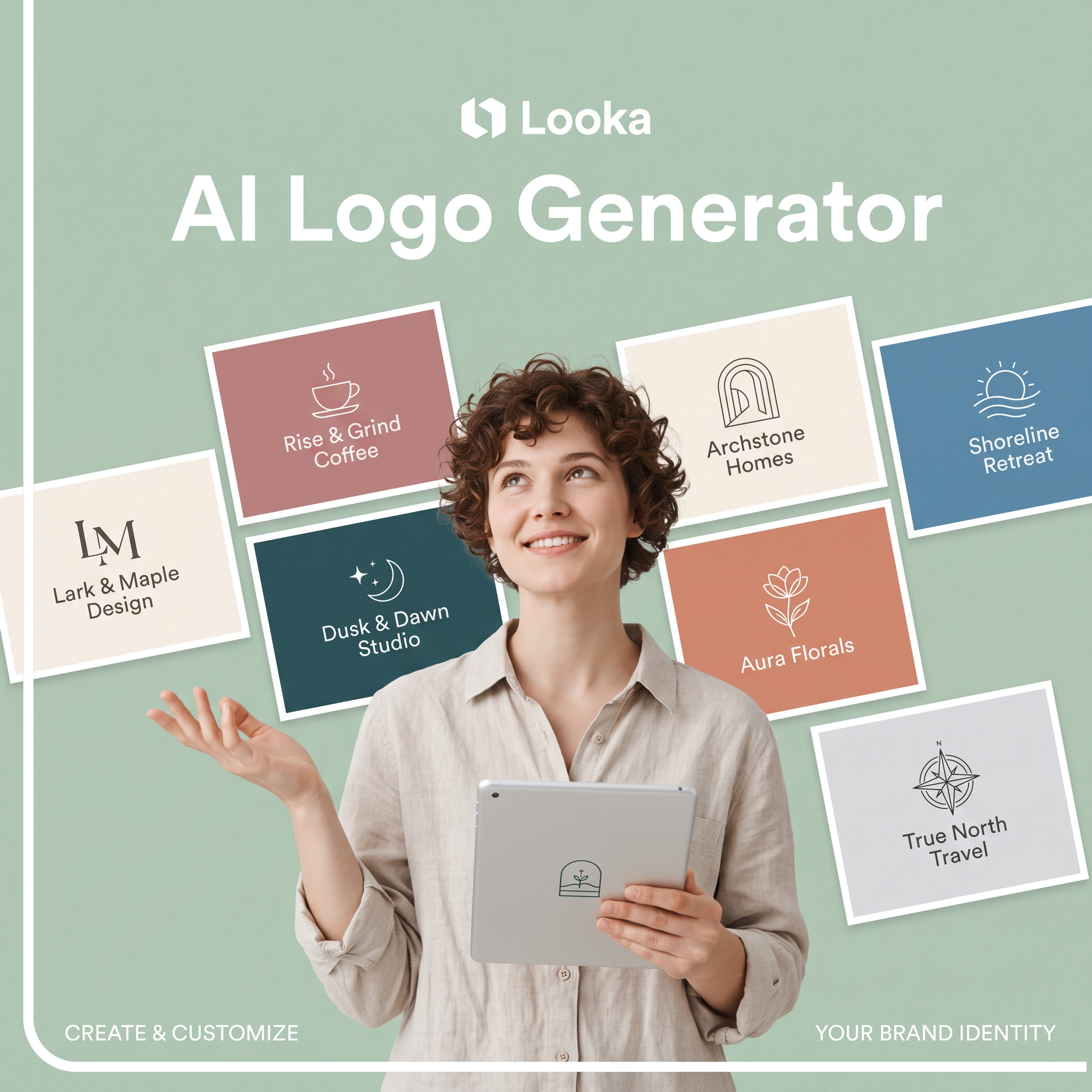 Smiling woman holding a tablet, surrounded by colourful sample logo cards under an AI Logo Generator headline