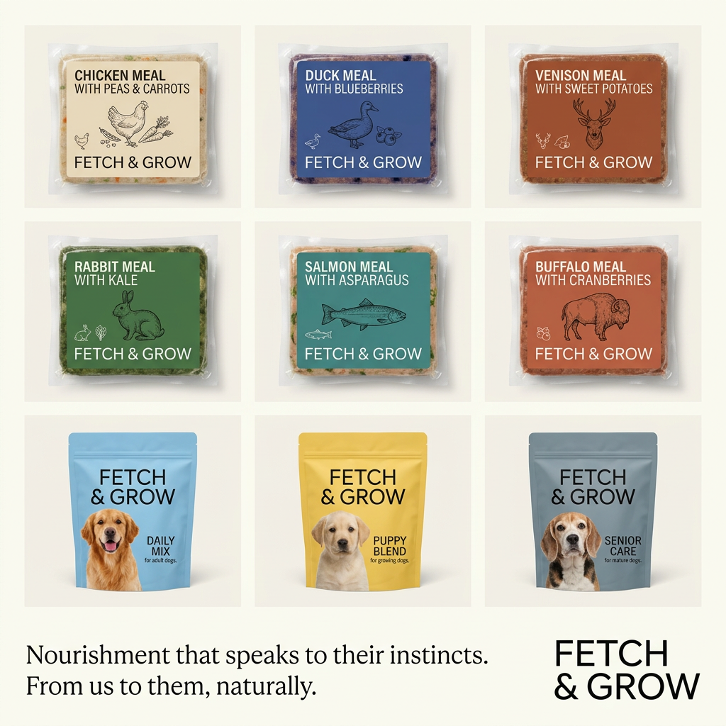 Three-by-three grid of Fetch & Grow dog food: six colour-coded fresh meal trays and three life-stage pouches