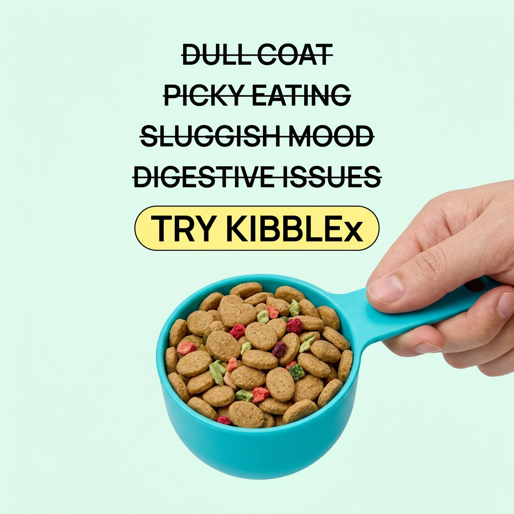 Four crossed-out dog problems and a yellow 'Try KIBBLEx' pill above a hand holding a teal scoop of colourful kibble