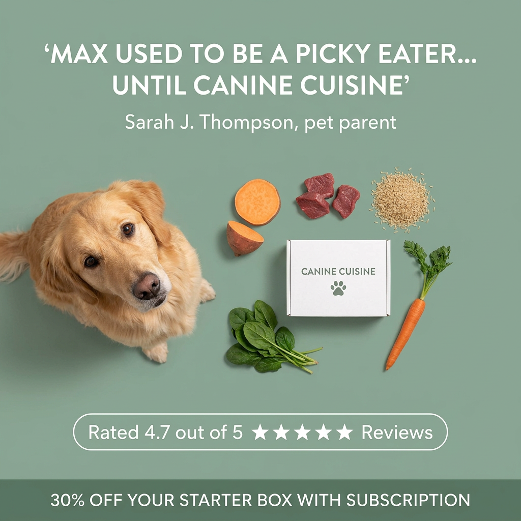 Golden retriever looking up beside a Canine Cuisine box surrounded by sweet potato, beef, rice, spinach and carrot