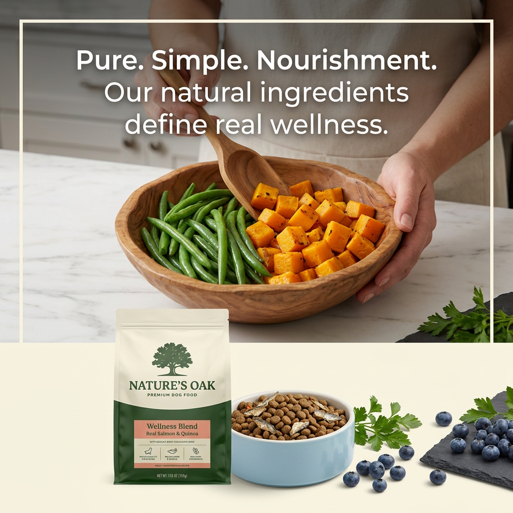 Hands mixing green beans and roasted squash in a wooden bowl above a Nature's Oak dog food bag, kibble and blueberries
