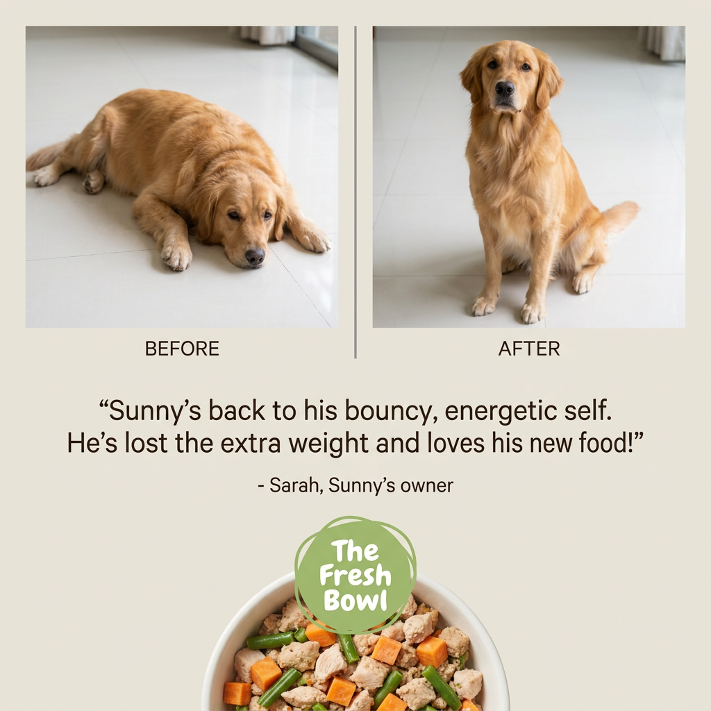Overweight golden retriever lying down before, and the same dog sitting leaner after, above a quote and fresh bowl